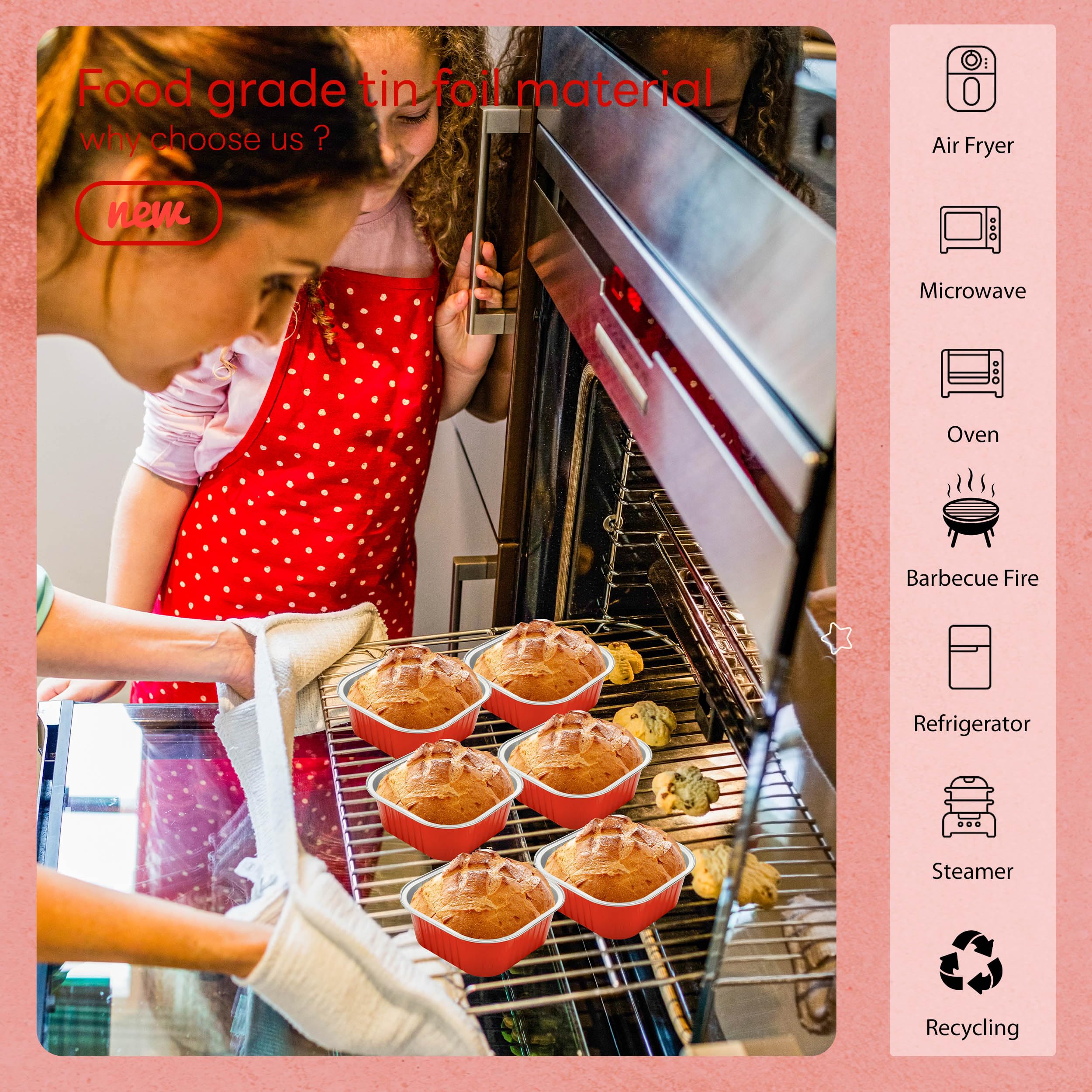 50 Pcs Mini Cake Pans with Lids and Spoons Aluminum Foil Mini Square Baking Cups with Lids Disposable Ramekins Cake Pans Dessert Cups for Wedding Birthday Party(Pink,5oz)