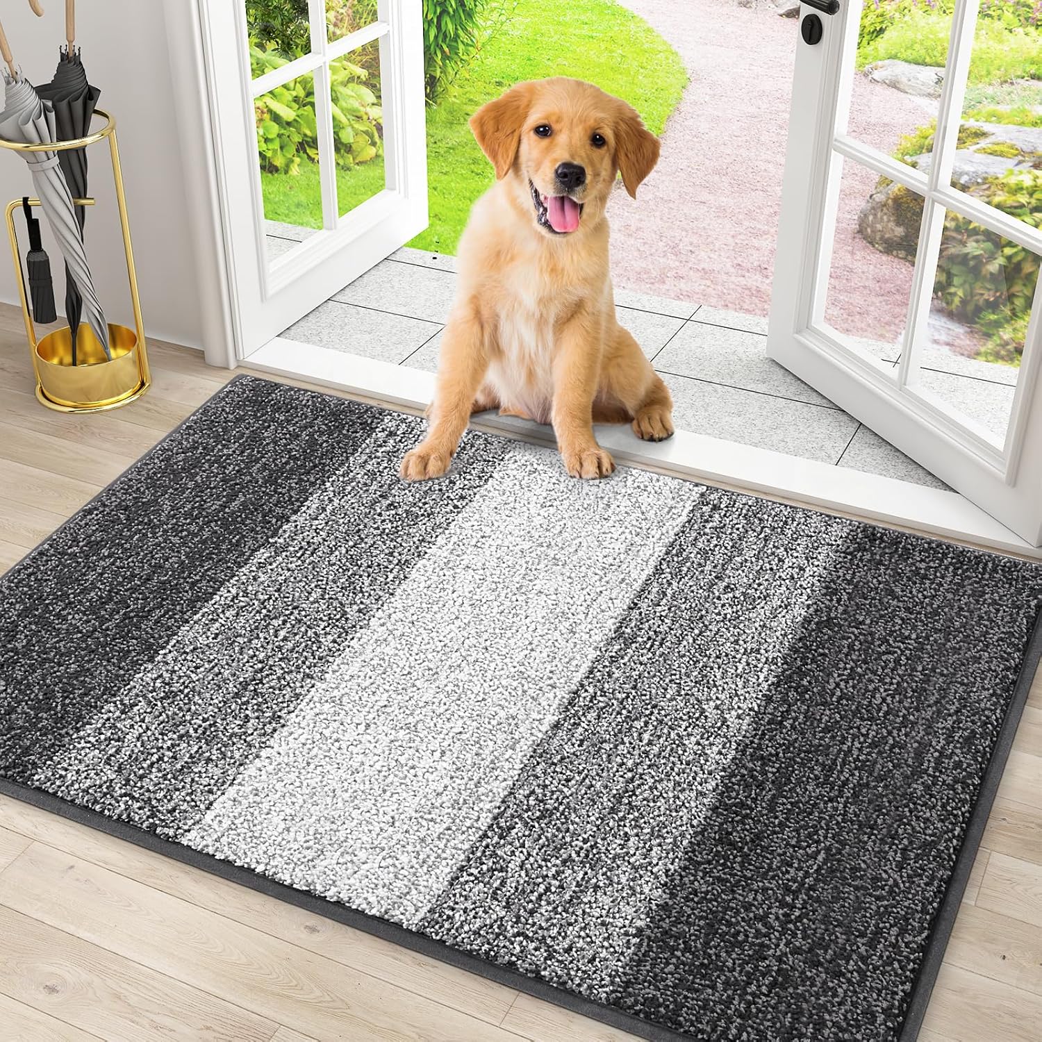 Smiry Dog Door Mat for Muddy Paws, Absorbs Moisture and Dirt, Low-Profile Entryway Mat with Non-Slip Backing, Entry Indoor Outdoor Doormat for Inside Floor (30x20 Inches, Grey, Striped)