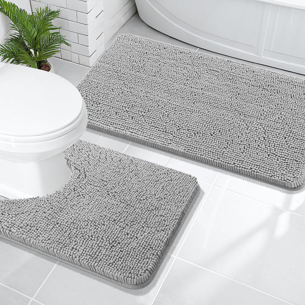 OLANLY Bathroom Rugs Sets 2 Piece, Soft Absorbent Chenille Bath Mats and U-Shaped Contour Toilet Mat Area Rug Set, Machine Washable Bath Carpet, Home Decor Accessories(30"x20"+24"x20", Grey)