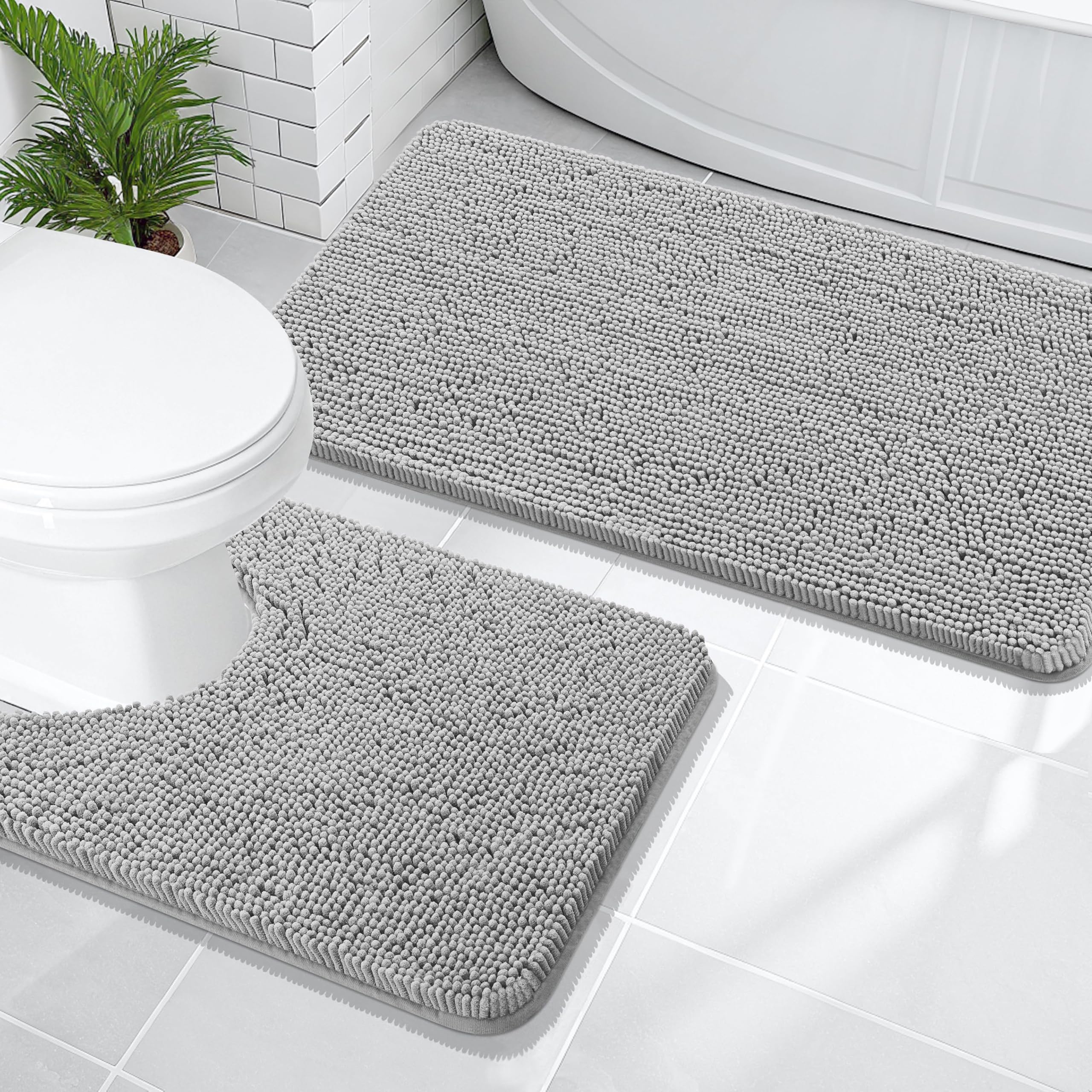 OLANLY Bathroom Rugs Sets 2 Piece, Soft Absorbent Chenille Bath Mats and U-Shaped Contour Toilet Mat Area Rug Set, Machine Washable Bath Carpet, Home Decor Accessories(30"x20"+24"x20", Grey)