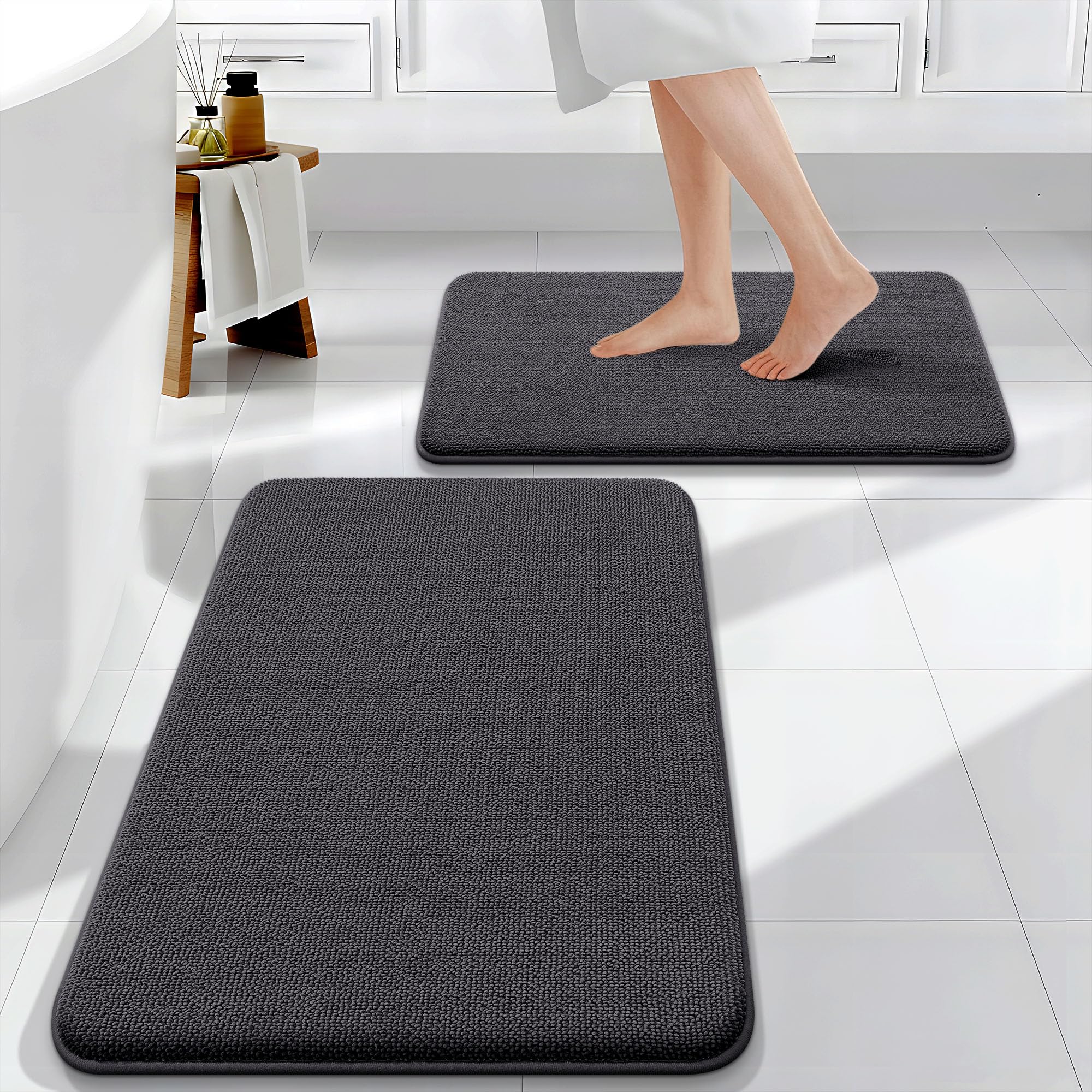 OLANLY Bathroom Rugs Sets 2 Piece, Soft Absorbent Memory Foam Bath Rug Set, Non-Slip, Quick Dry, Machine Washable Bath Mats for Bathroom, Home Decor Accessories (30"x20"+24"x16", Grey)