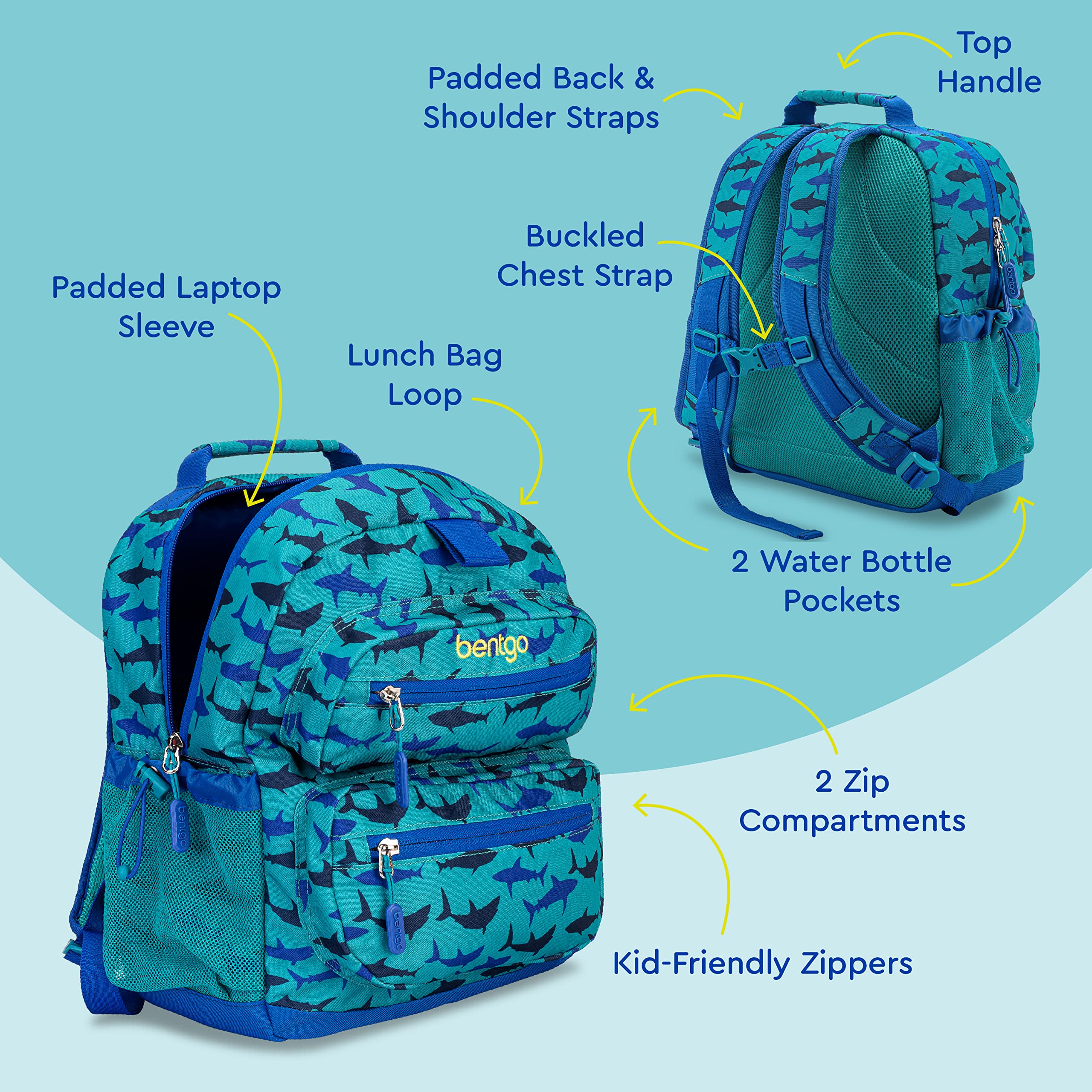 Bentgo Kids Backpack - Lightweight 14” Backpack in Fun Prints for School, Travel, & Daycare, Ideal for Ages 4+, Roomy Interior, Durable & Water-Resistant Fabric, & Loop for Lunch Bag (Trucks)