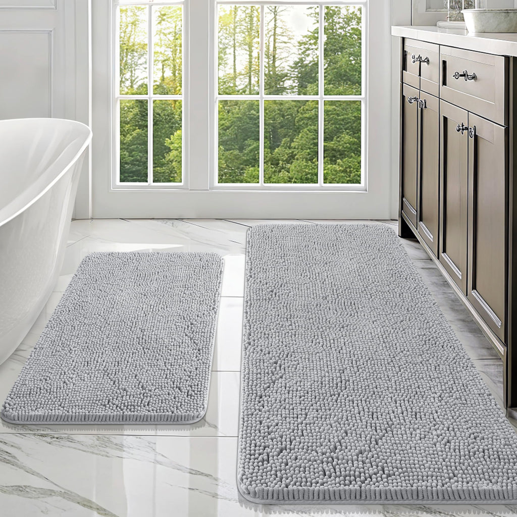 OLANLY Bathroom Rugs Sets 2 Piece, Soft Absorbent Chenille Bath Mats and U-Shaped Contour Toilet Mat Area Rug Set, Machine Washable Bath Carpet, Home Decor Accessories(30"x20"+24"x20", Grey)