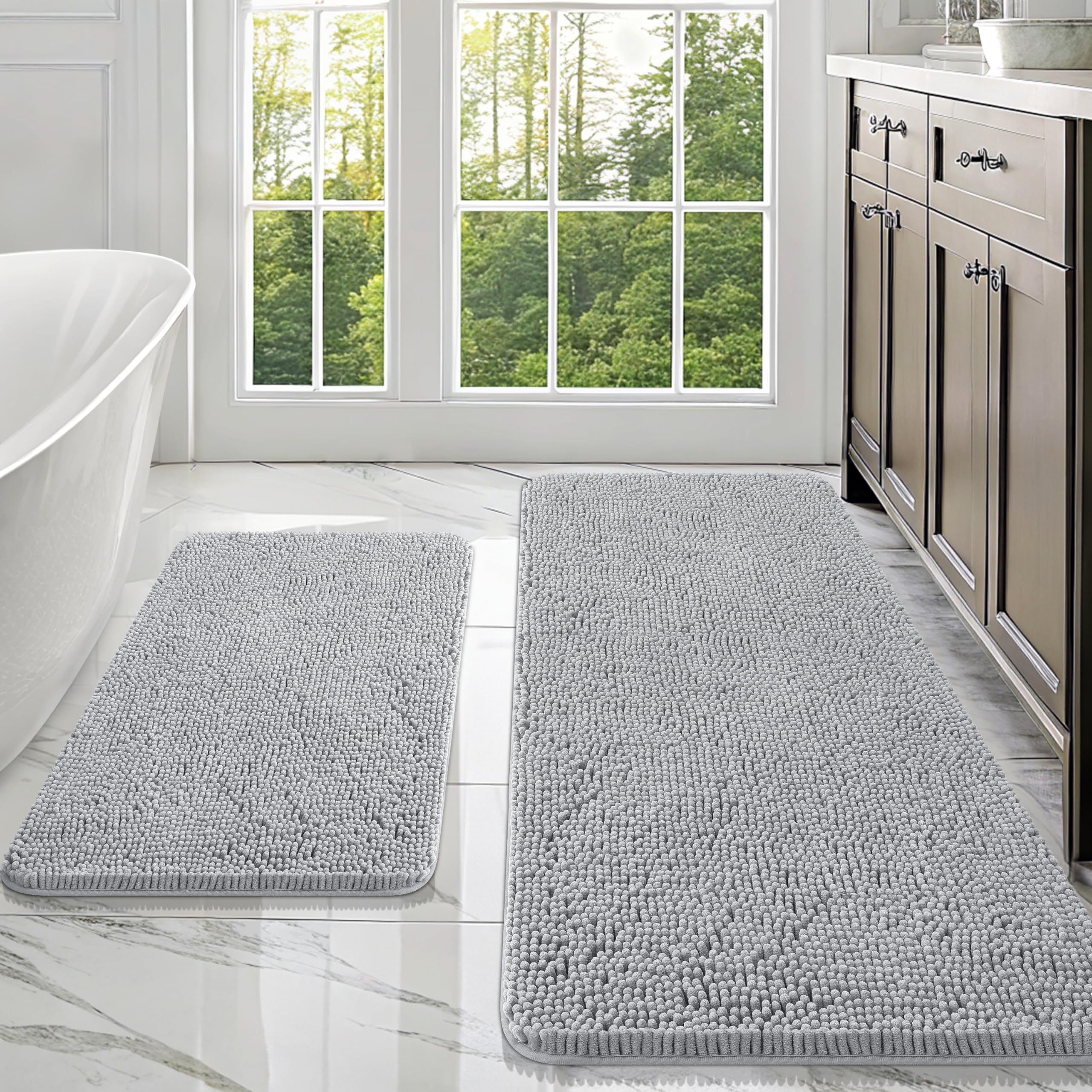 OLANLY Bathroom Rugs Sets 2 Piece, Soft Absorbent Chenille Bath Mats and U-Shaped Contour Toilet Mat Area Rug Set, Machine Washable Bath Carpet, Home Decor Accessories(30"x20"+24"x20", Grey)