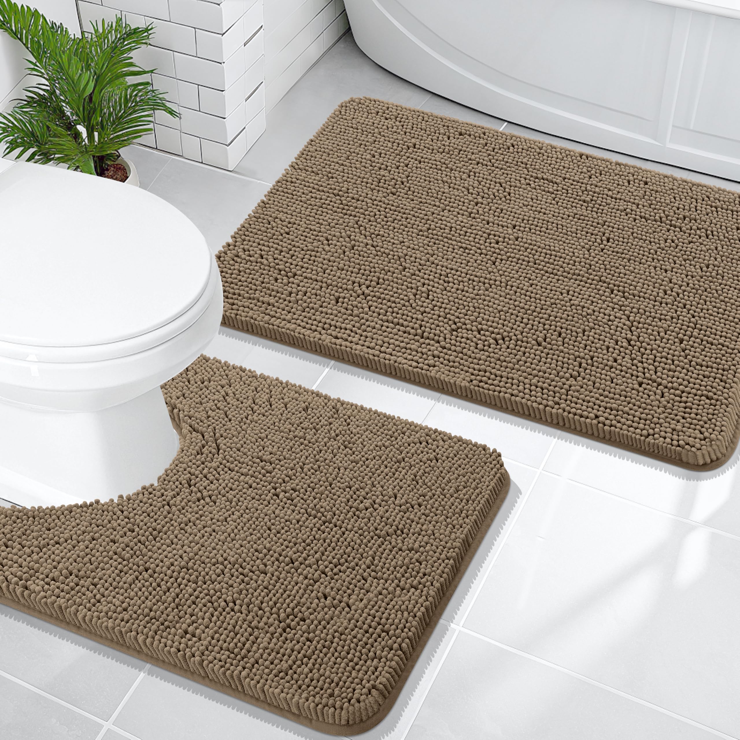 OLANLY Bathroom Rugs Sets 2 Piece, Soft Absorbent Chenille Bath Mats and U-Shaped Contour Toilet Mat Area Rug Set, Machine Washable Bath Carpet, Home Decor Accessories(30"x20"+24"x20", Grey)