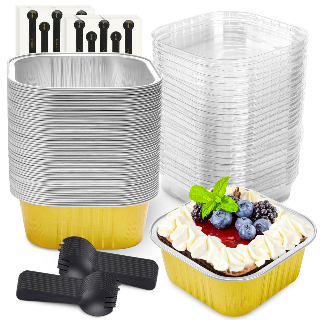 50 Pcs Mini Cake Pans with Lids and Spoons Aluminum Foil Mini Square Baking Cups with Lids Disposable Ramekins Cake Pans Dessert Cups for Wedding Birthday Party(Pink,5oz)