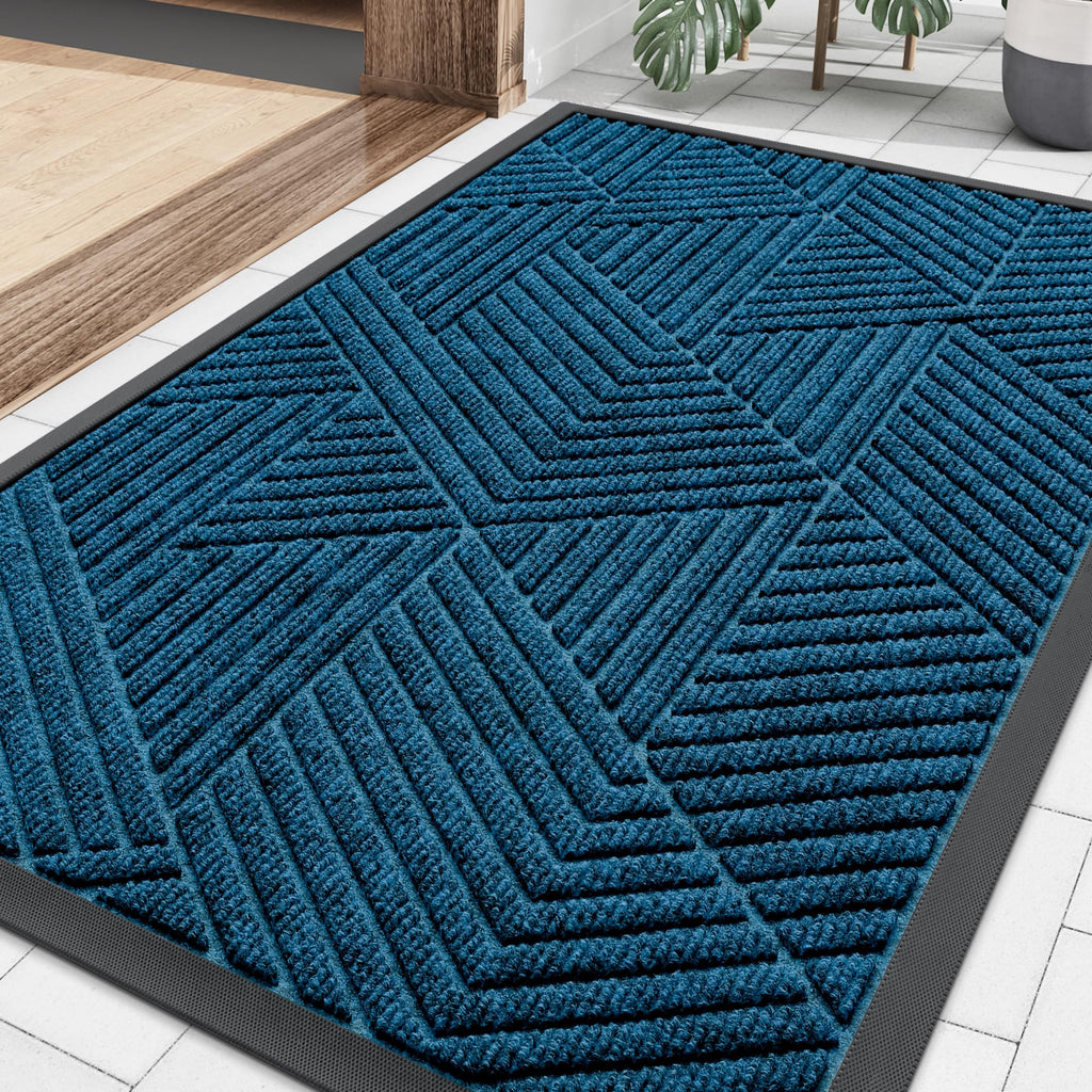 Smiry Front Door Mat Outside Entrance, Heavy Duty Sturdy Natural Rubber Doormat, Trap Dirt and Moisture, Easy Clean Low Profile Mats for Indoor Outdoor Entry, Irregular Triangle (29.5x17, Black)