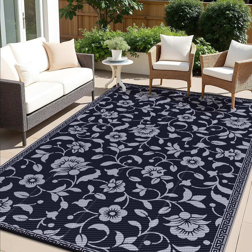 OLANLY Waterproof Outdoor Rug 5x8 ft, Outdoor Plastic Straw Rug with Flower Pattern, Reversible RV Mat for Patio, Camping, Balcony, Deck, Backyard, Navy & White