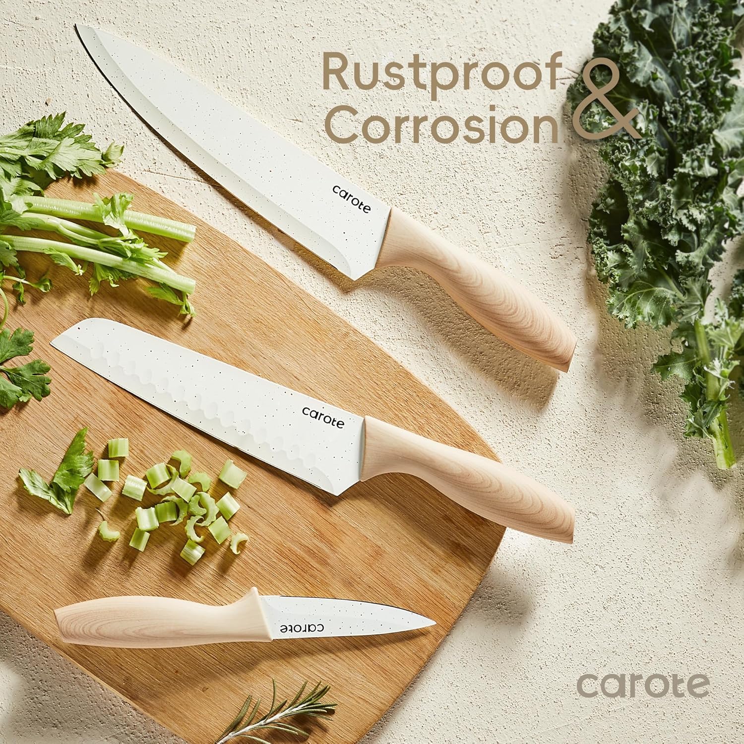 CAROTE 12PCS Knife set with Blade Guards,Granite Nonstick Ceramic Coating,Stainless Steel blade, Wood Grain Handle, Essential knife set,White