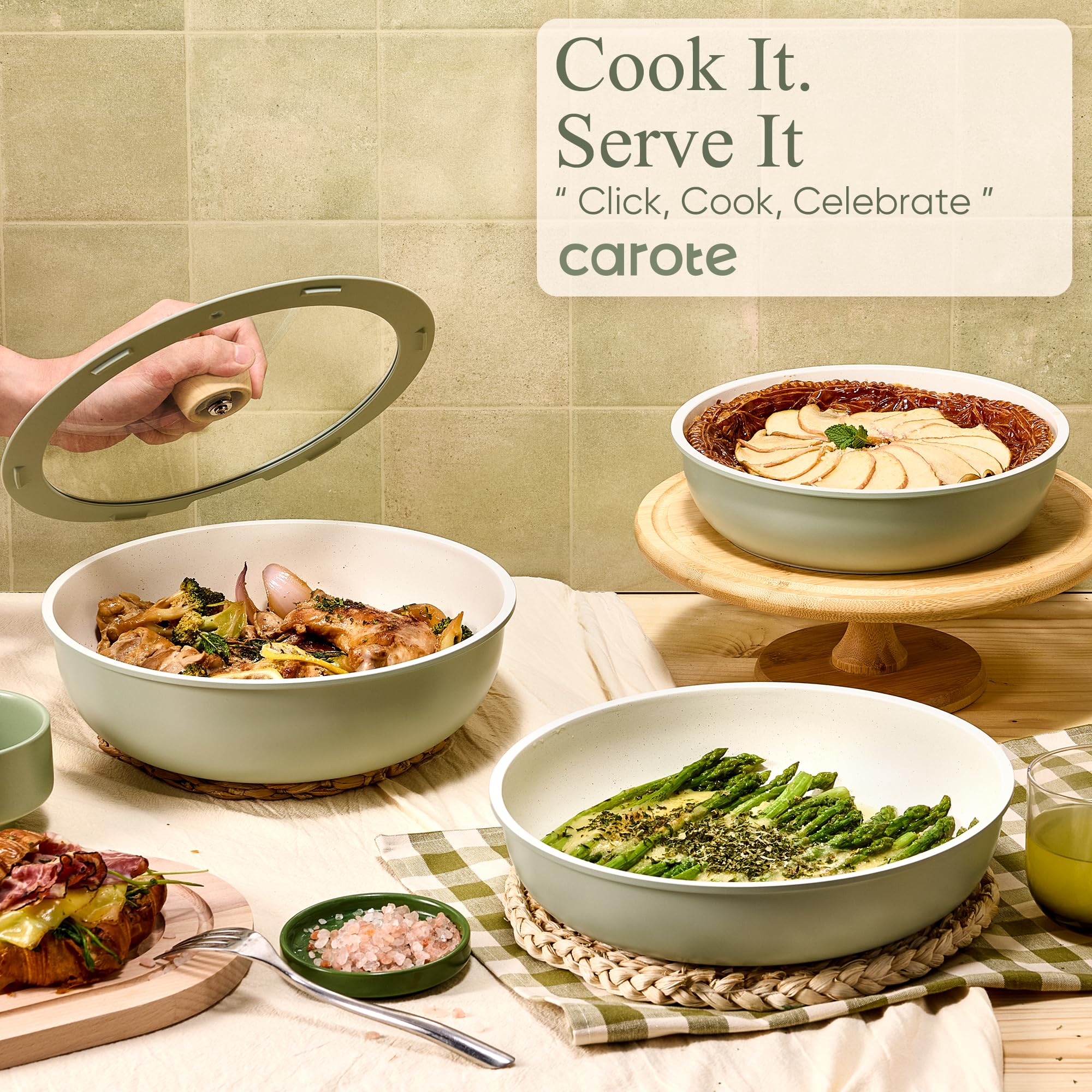 CAROTE Pots and Pans Set, Nonstick Cookware Set Detachable Handle, 19pcs Induction Kitchen Cookware Sets Non Stick with Removable Handle, RV Cookware Set, Oven Safe, Sage Green