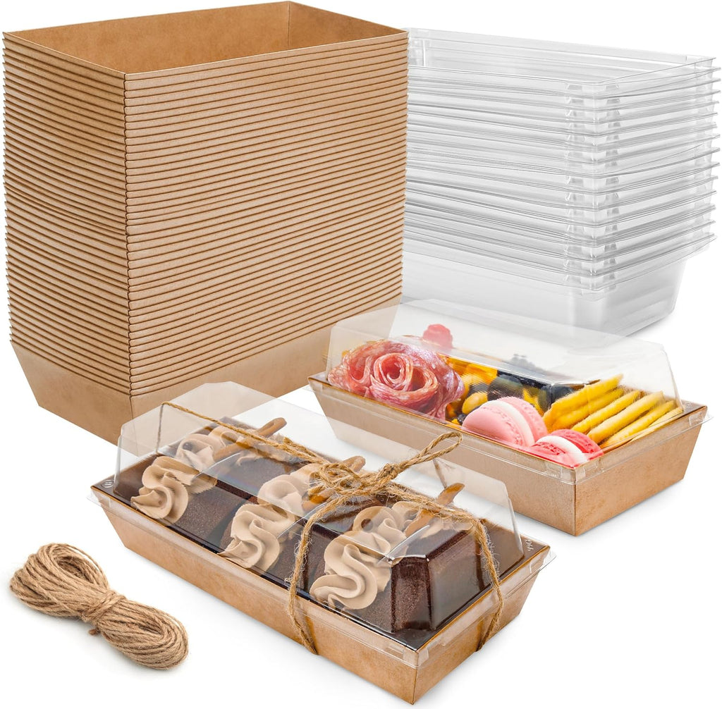 Charcuterie Boxes with Clear Lids Mini Dessert Bakery Boxes Disposable To Go Food Containers for Cookie Cake Slice Sushi Strawberry 7.48x3.35x2.5INCH(50 Pack, Brown)