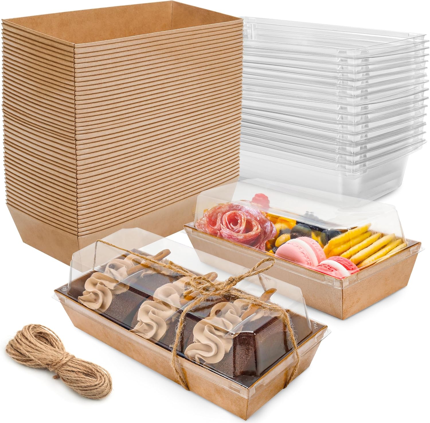 Charcuterie Boxes with Clear Lids Mini Dessert Bakery Boxes Disposable To Go Food Containers for Cookie Cake Slice Sushi Strawberry 7.48x3.35x2.5INCH(50 Pack, Brown)