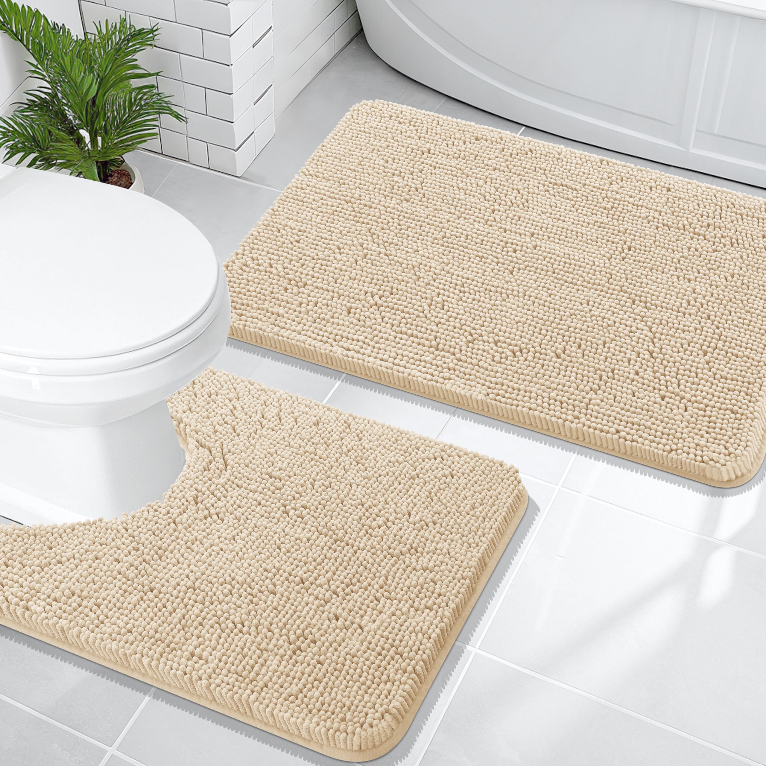 OLANLY Bathroom Rugs Sets 2 Piece, Soft Absorbent Chenille Bath Mats and U-Shaped Contour Toilet Mat Area Rug Set, Machine Washable Bath Carpet, Home Decor Accessories(30"x20"+24"x20", Grey)