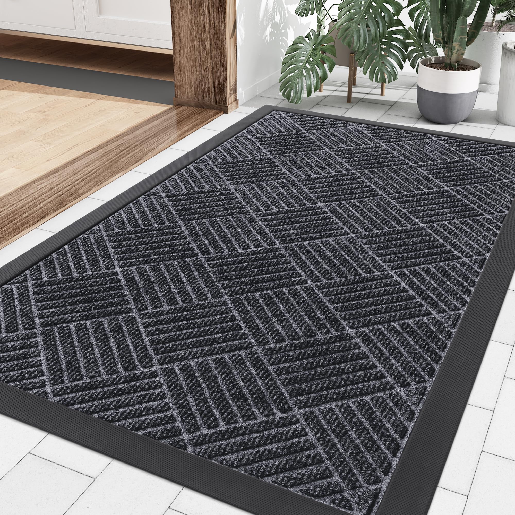 Smiry Front Door Mat Outside Entrance, Heavy Duty Outdoor Indoor Natural Rubber Doormat, Non Slip, Trap Dirt and Moisture, Easy Clean, Low Profile Patio Porch Entryway Mat, 29.5x17, Grey