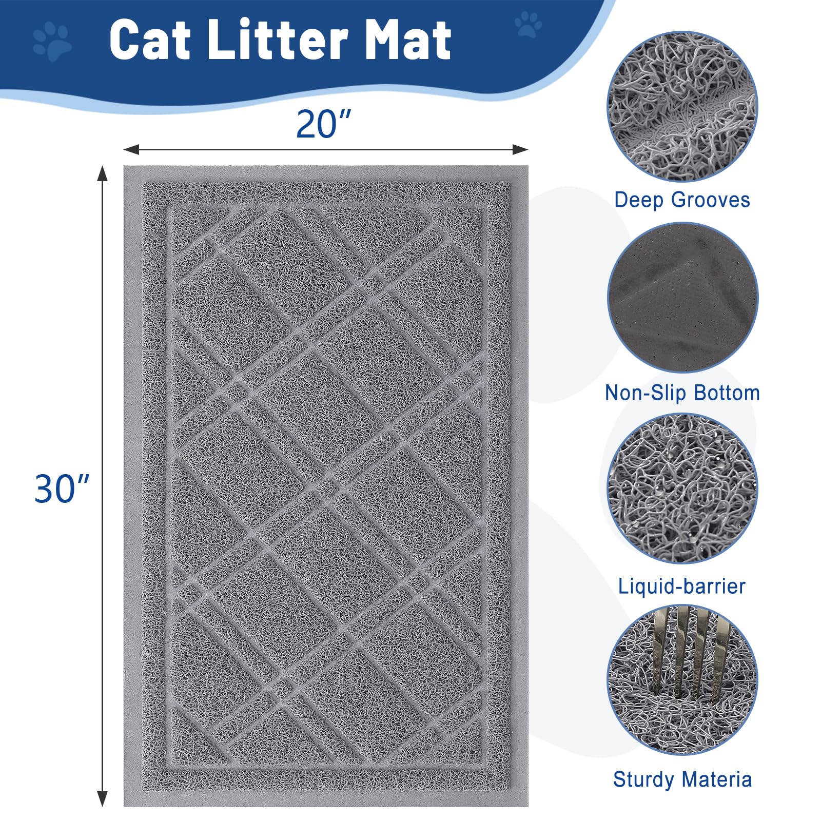 Smiry Cat Litter Box Mat 30x17, Non-Slip Water Resistant Litter Trapping Mat, Easy Clean Less Waste and Urine-Locking Cat Carpet for Indoor, Grey