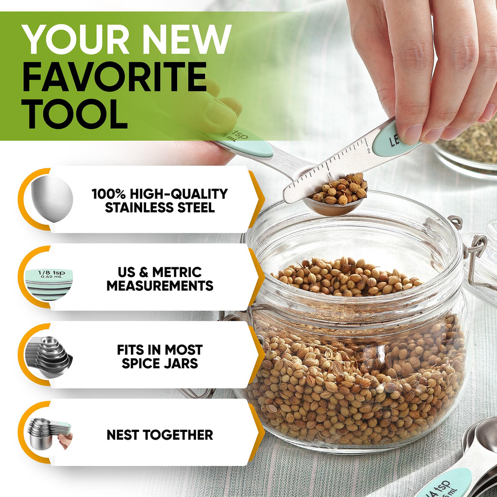 Spring Chef Magnetic Measuring Cups & Spoons Set, Patented, Strong N45 Magnets, Heavy Duty Stainless Steel Fits in Spice Jars for Baking & Cooking, BPA Free, Round Set of 15 with Leveler, Black