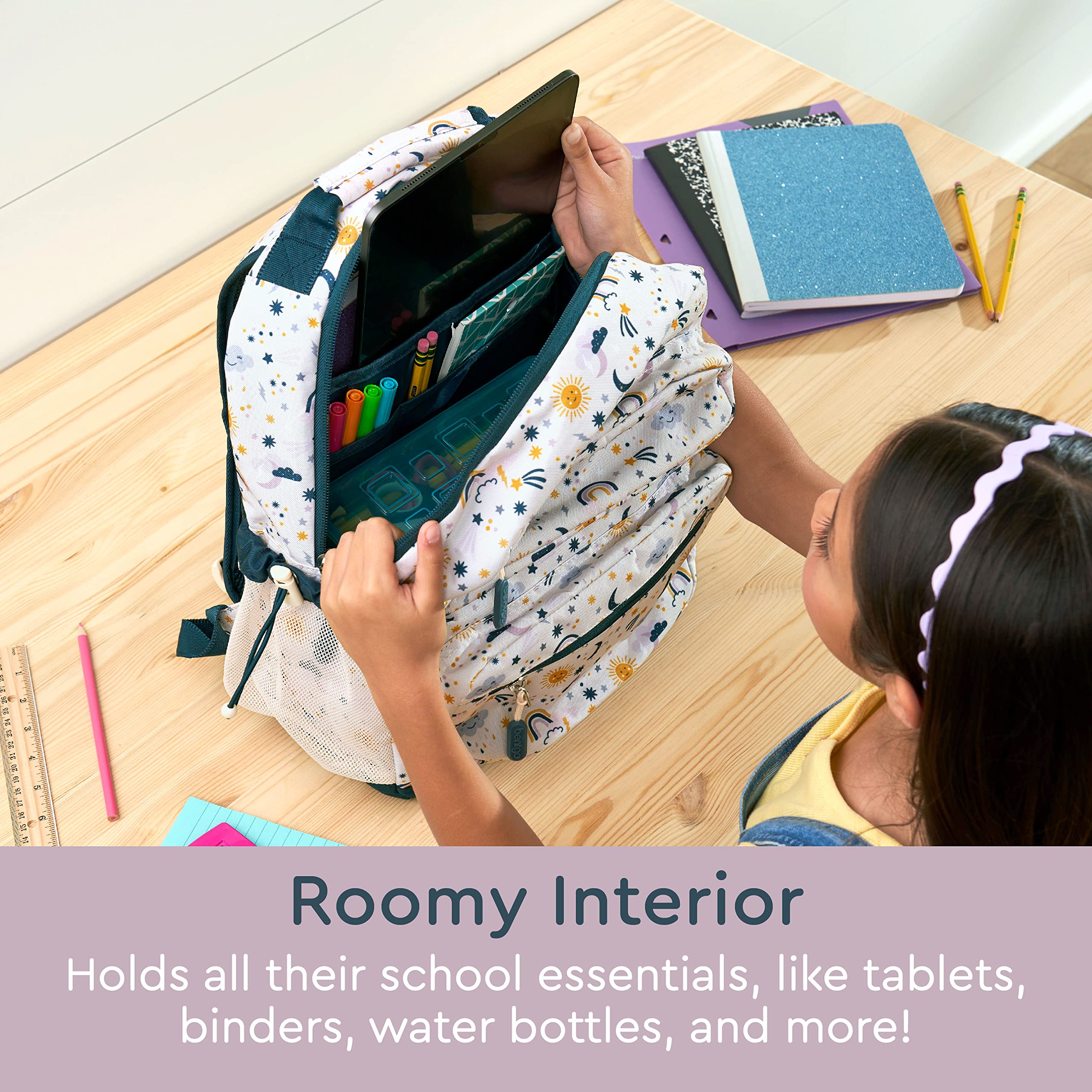 Bentgo Kids Backpack - Lightweight 14” Backpack in Fun Prints for School, Travel, & Daycare, Ideal for Ages 4+, Roomy Interior, Durable & Water-Resistant Fabric, & Loop for Lunch Bag (Trucks)