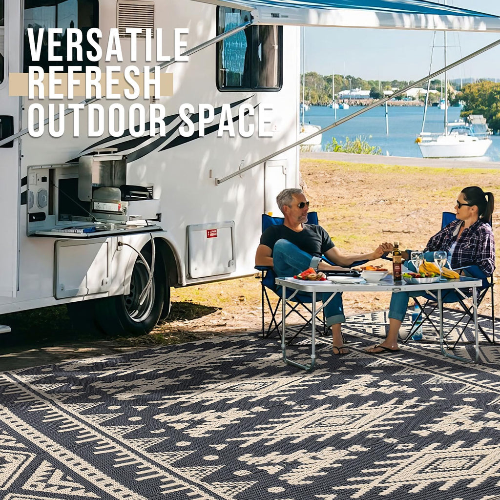 OLANLY Outdoor Rug Waterproof 5x8 ft, Reversible Outdoor Plastic Straw Rug, Boho Patio Rug, Indoor Outdoor Carpet, RV Mat Outside for Patio, Camp, Picnic, Balcony, Deck, Backyard, Black & White