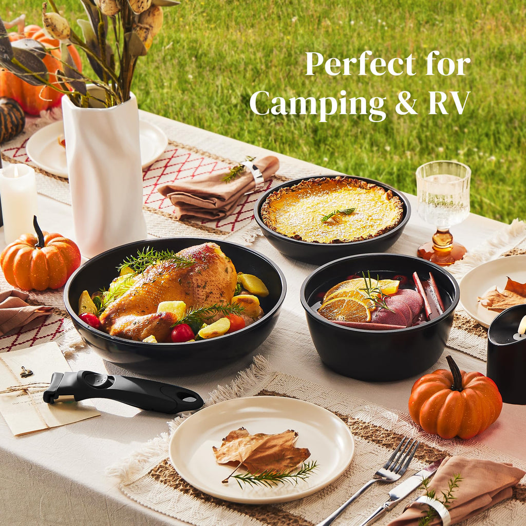 Redchef Ceramic Pots and Pans Set, Nonstick Kitchen Cookware Set with Detachable Handle, Non Toxic Cookware Set 16pcs, PFAS PFOA & PTFE Free, RV Ceramic Cookware for Camping, Dishwasher/Oven Safe