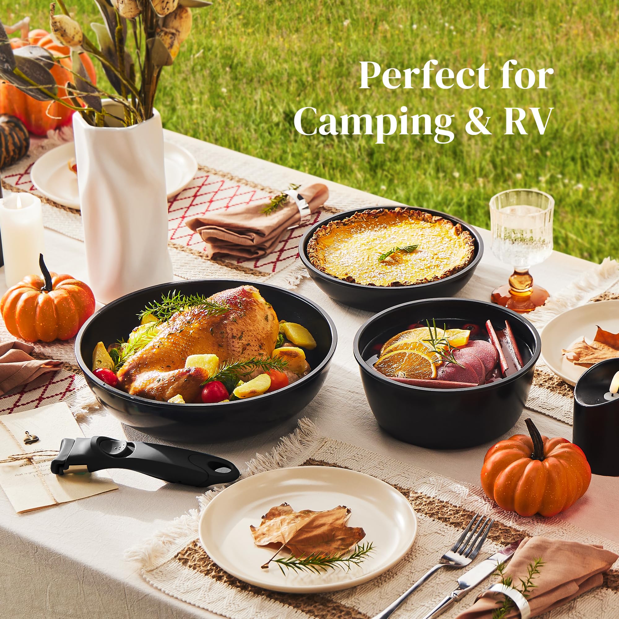 Redchef Ceramic Pots and Pans Set, Nonstick Kitchen Cookware Set with Detachable Handle, Non Toxic Cookware Set 16pcs, PFAS PFOA & PTFE Free, RV Ceramic Cookware for Camping, Dishwasher/Oven Safe