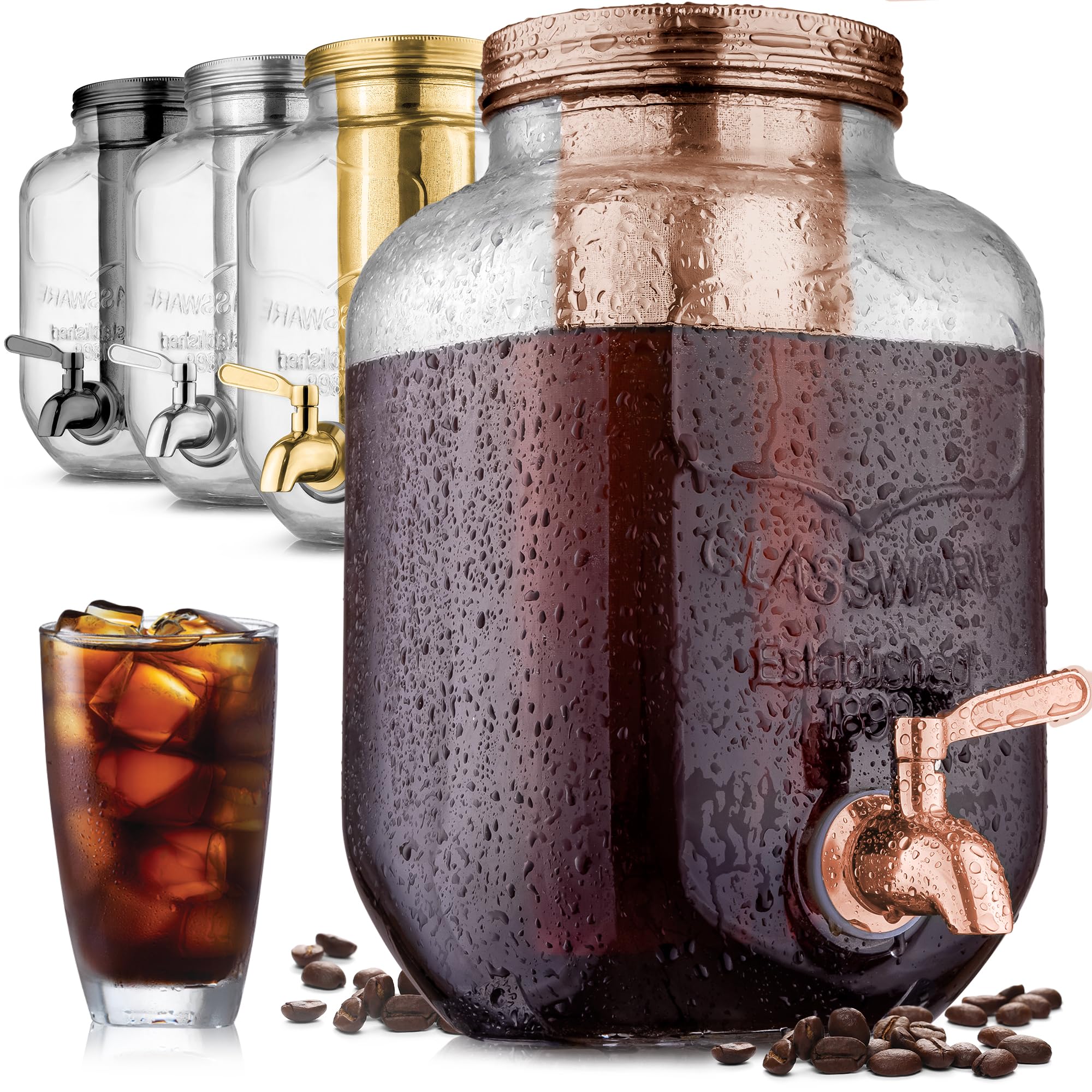 Zulay 1 Gallon/128oz Cold Brew Coffee Maker – Thick Glass Pitcher with Stainless Steel Filter, Lid & Spout – Large Mason Jar Container Dispenser - Iced Coffee & Sun Tea Brewer for Fridge – Silver