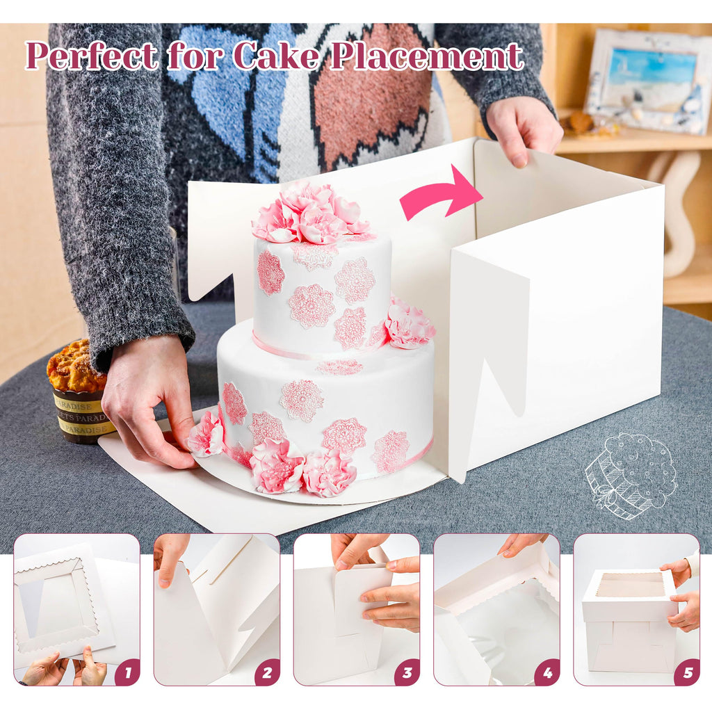Cake Boxes 10×10×8 inch White Tall Cake Boxes with Window Cajas Para Pasteles for Cakes, Pies, Pastries, Birthday, Party (2 Pack)