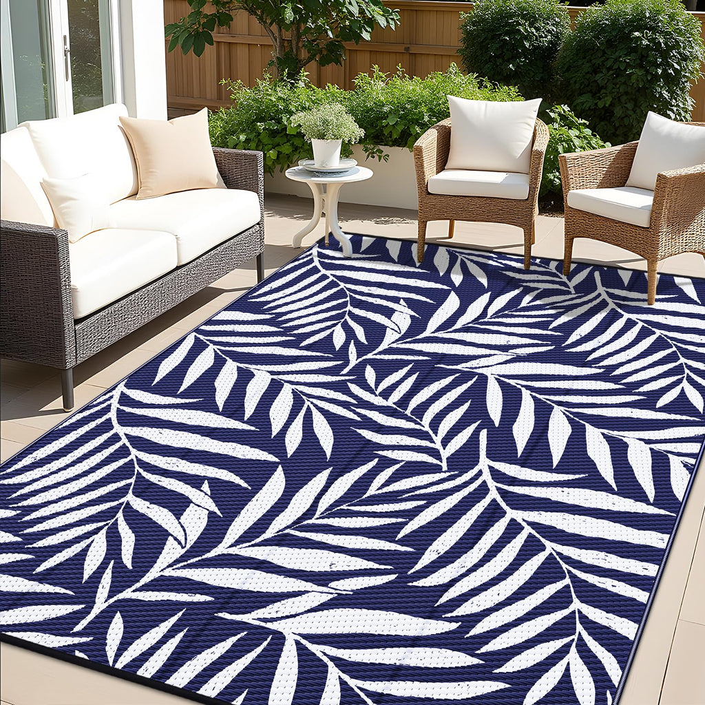 OLANLY Waterproof Outdoor Rug 5x8 ft, Reversible Outdoor Plastic Straw Rug with Leaf Pattern, RV Mat, Indoor Outdoor Carpet for Patio, Camping, Balcony, Deck, Backyard, Grey & White