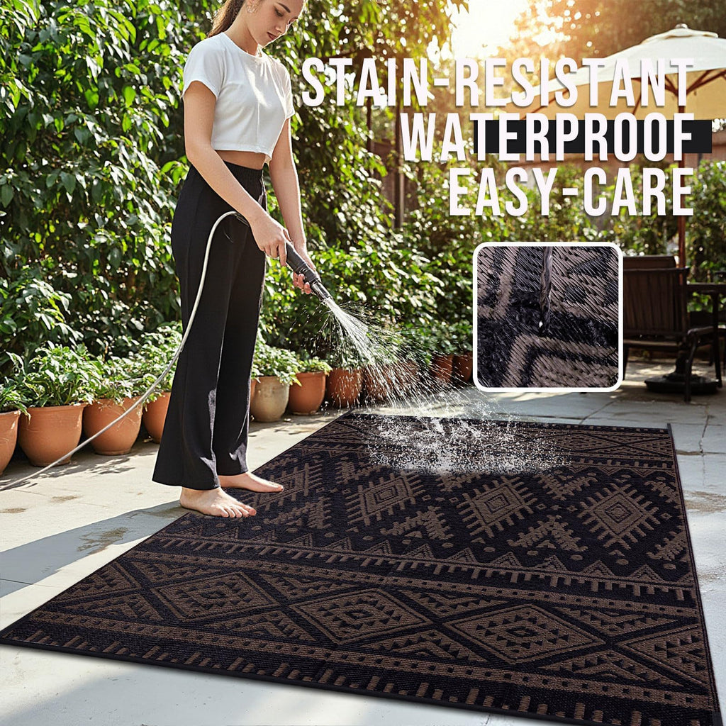 OLANLY Outdoor Rug Waterproof 5x8 ft, Reversible Outdoor Plastic Straw Rug, Boho Patio Rug, Indoor Outdoor Carpet, RV Mat Outside for Patio, Camp, Picnic, Balcony, Deck, Backyard, Black & White