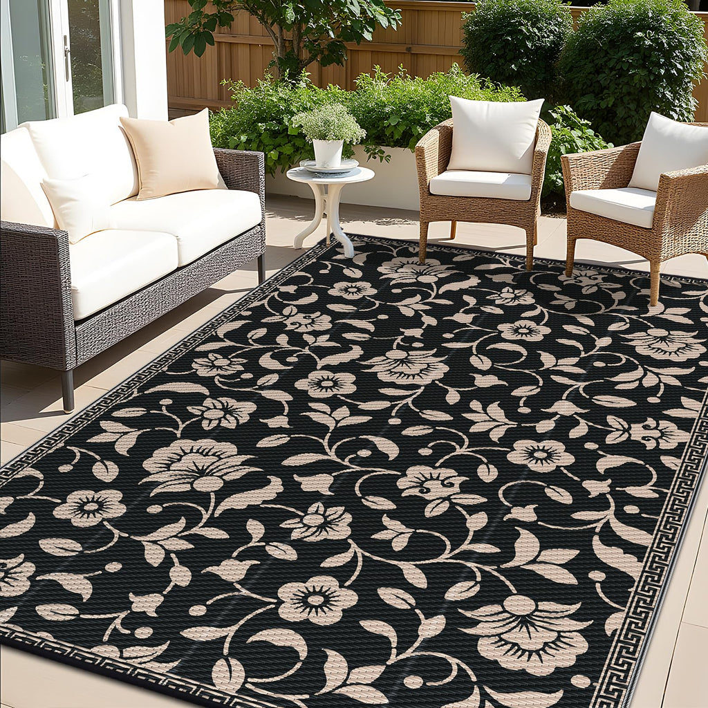 OLANLY Waterproof Outdoor Rug 5x8 ft, Outdoor Plastic Straw Rug with Flower Pattern, Reversible RV Mat for Patio, Camping, Balcony, Deck, Backyard, Navy & White
