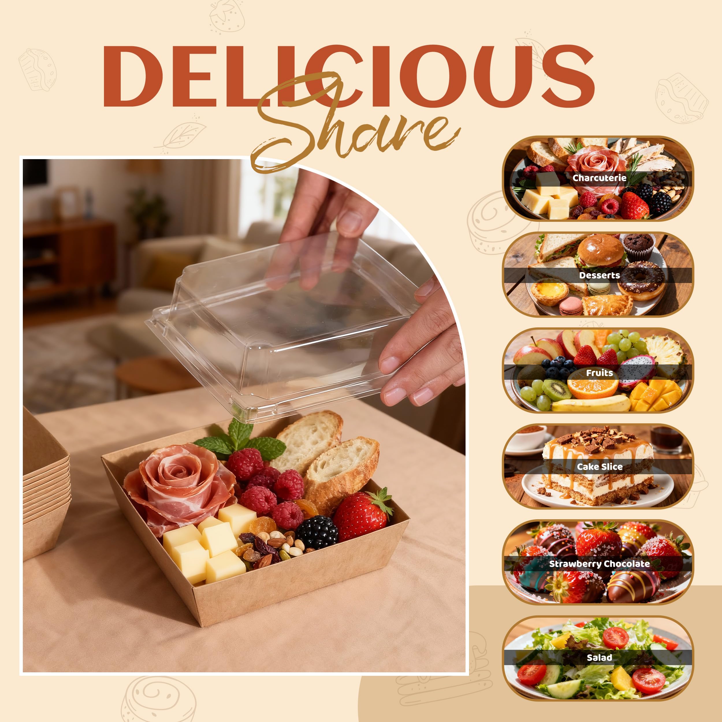 Disposable Charcuterie Boxes with Clear Lid, Food Boxes for Cold&Room Temperature Foods,Grease-Resistant Bakery Packaging for Pastry & Takeout Use 5.3x4.9x2.5INCH(50 Pack,Brown)