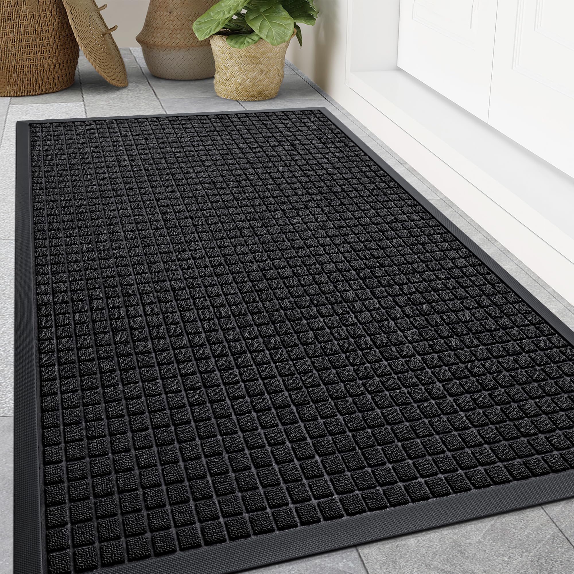 Smiry Front Door Mat Outside Entrance, Heavy Duty Natural Rubber Doormat, Non Slip, Trap Dirt and Moisture, Easy Clean, Low Profile Welcome Floor Mats for Indoor Outdoor Entry, 29.5x17 Inch, Black