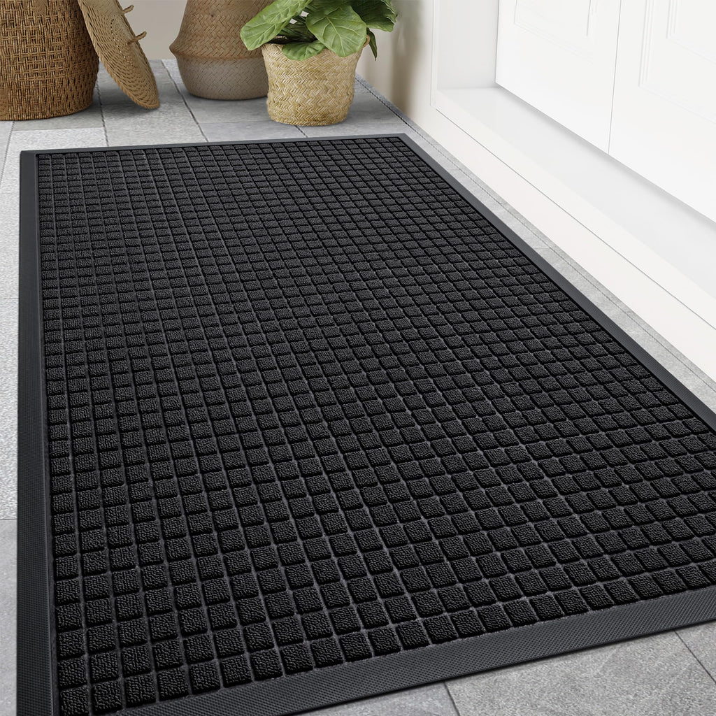 Smiry Front Door Mat Outside Entrance, Heavy Duty Natural Rubber Doormat, Non Slip, Trap Dirt and Moisture, Easy Clean, Low Profile Welcome Floor Mats for Indoor Outdoor Entry, 29.5x17 Inch, Black