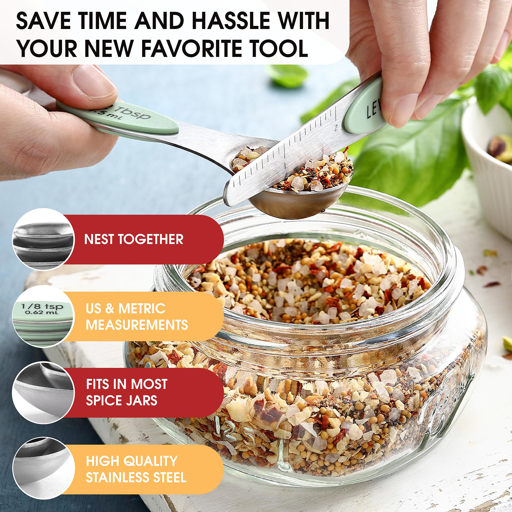 Spring Chef Stainless Steel Magnetic Measuring Spoons Set with Strong N45 Magnets, Heavy Duty Metal Kitchen Gadgets for Baking & Cooking, Fits in Most Kitchen Spice Jars, Set of 8 with Leveler, Black