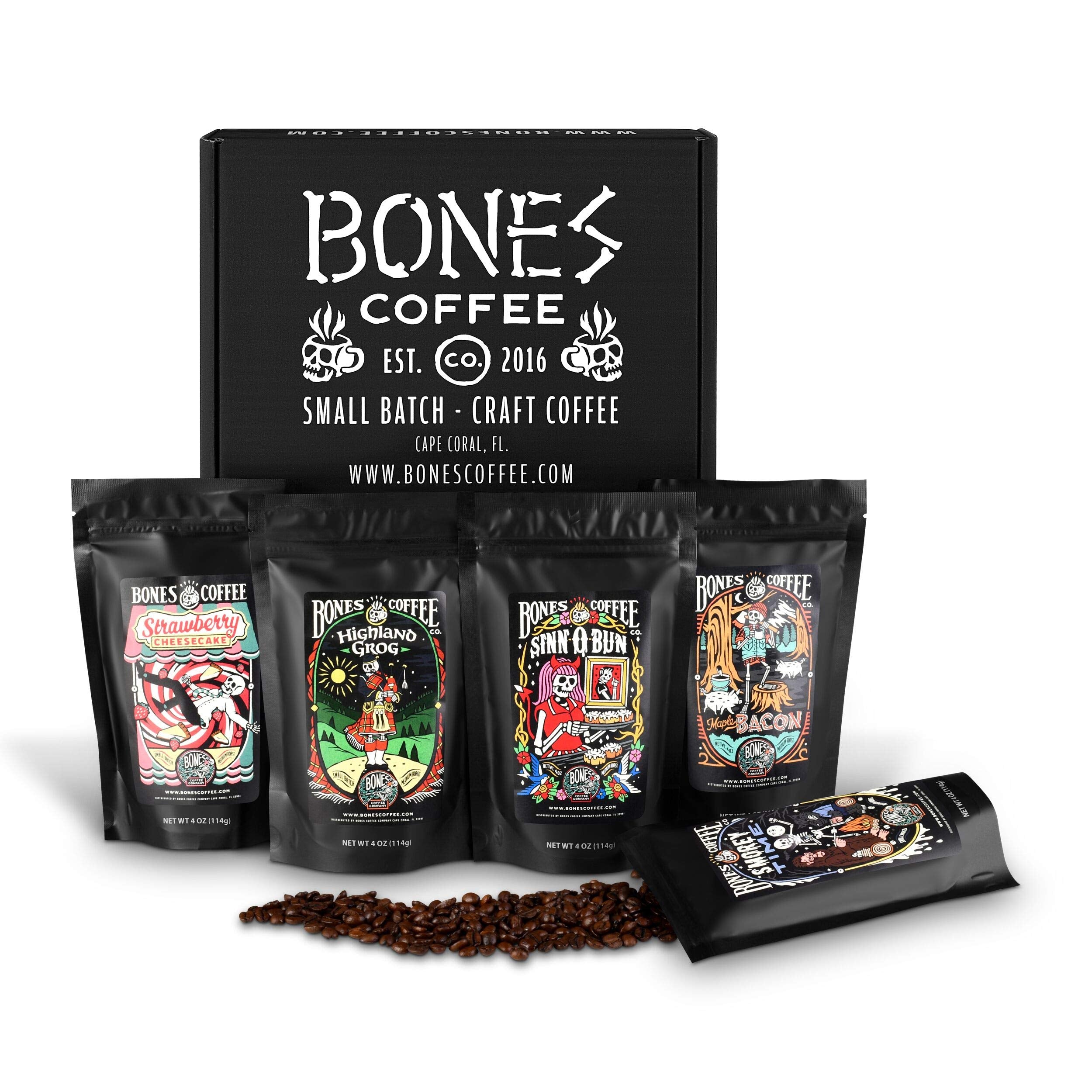 Bones Coffee Company NEW Favorite Flavors Sample Pack, Assorted Flavored Coffee Low Acid Medium Roast Arabica Beans Specialty Coffee Gifts, Auto Drip and French Press Compatible, 4 oz Pack of 5 Ground
