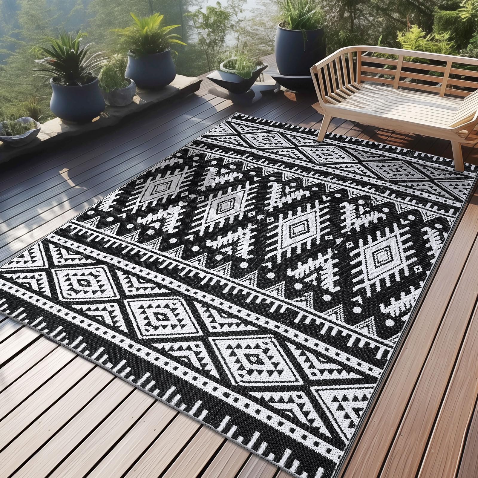 OLANLY Outdoor Rug Waterproof 5x8 ft, Reversible Outdoor Plastic Straw Rug, Boho Patio Rug, Indoor Outdoor Carpet, RV Mat Outside for Patio, Camp, Picnic, Balcony, Deck, Backyard, Black & White