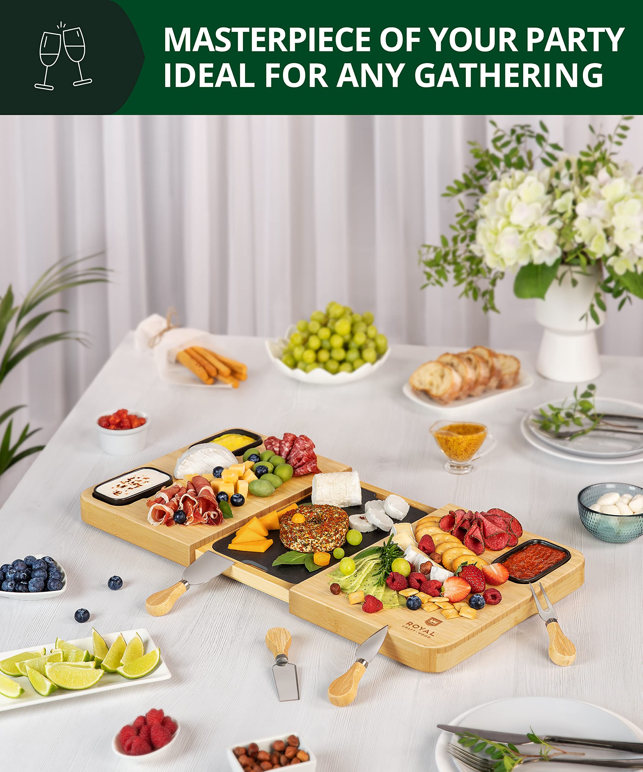 ROYAL CRAFT WOOD Premium Bamboo Charcuterie Board Set - Cheese Platter & Serving Tray & Serving Utensils - Perfect Housewarming Gift, Wedding, Bridal Shower Gift - Ideal for Entertaining and New Home