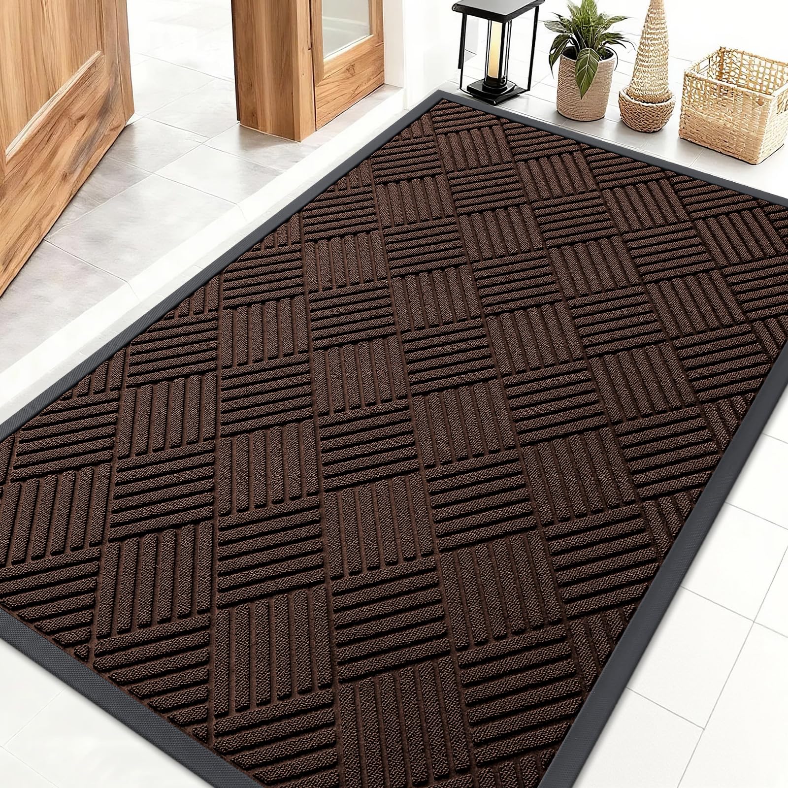 OLANLY Front Door Mat Outside Entrance 29.5x17, Absorbent, Heavy Duty Sturdy Natural Rubber Doormat Indoor Outdoor, Stain and Fade Resistant, Non-Slip Low Profile Floor Mat for Entryway, Grey Diamond
