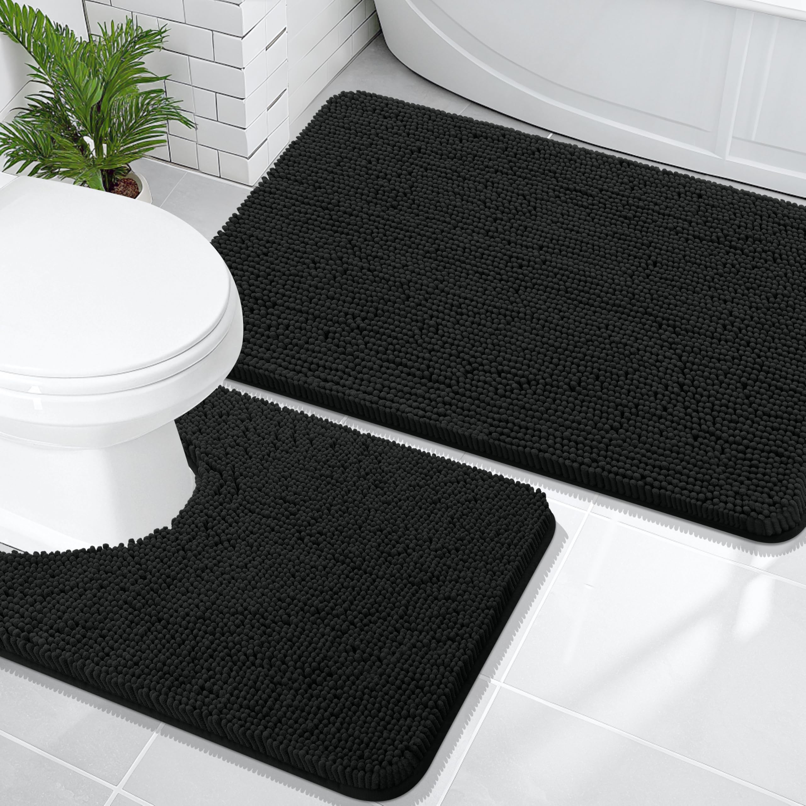 OLANLY Bathroom Rugs Sets 2 Piece, Soft Absorbent Chenille Bath Mats and U-Shaped Contour Toilet Mat Area Rug Set, Machine Washable Bath Carpet, Home Decor Accessories(30"x20"+24"x20", Grey)