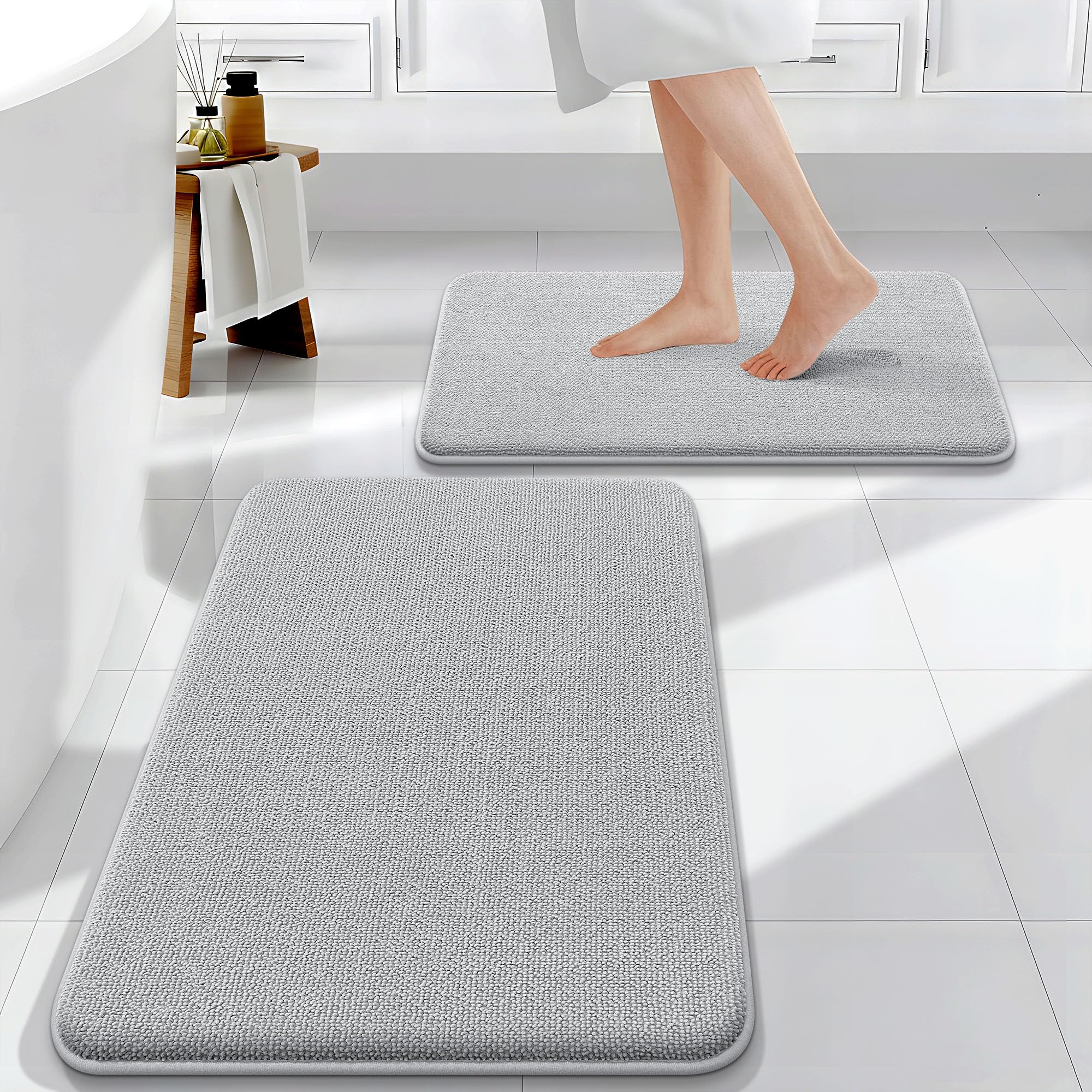 OLANLY Bathroom Rugs Sets 2 Piece, Soft Absorbent Memory Foam Bath Rug Set, Non-Slip, Quick Dry, Machine Washable Bath Mats for Bathroom, Home Decor Accessories (30"x20"+24"x16", Grey)