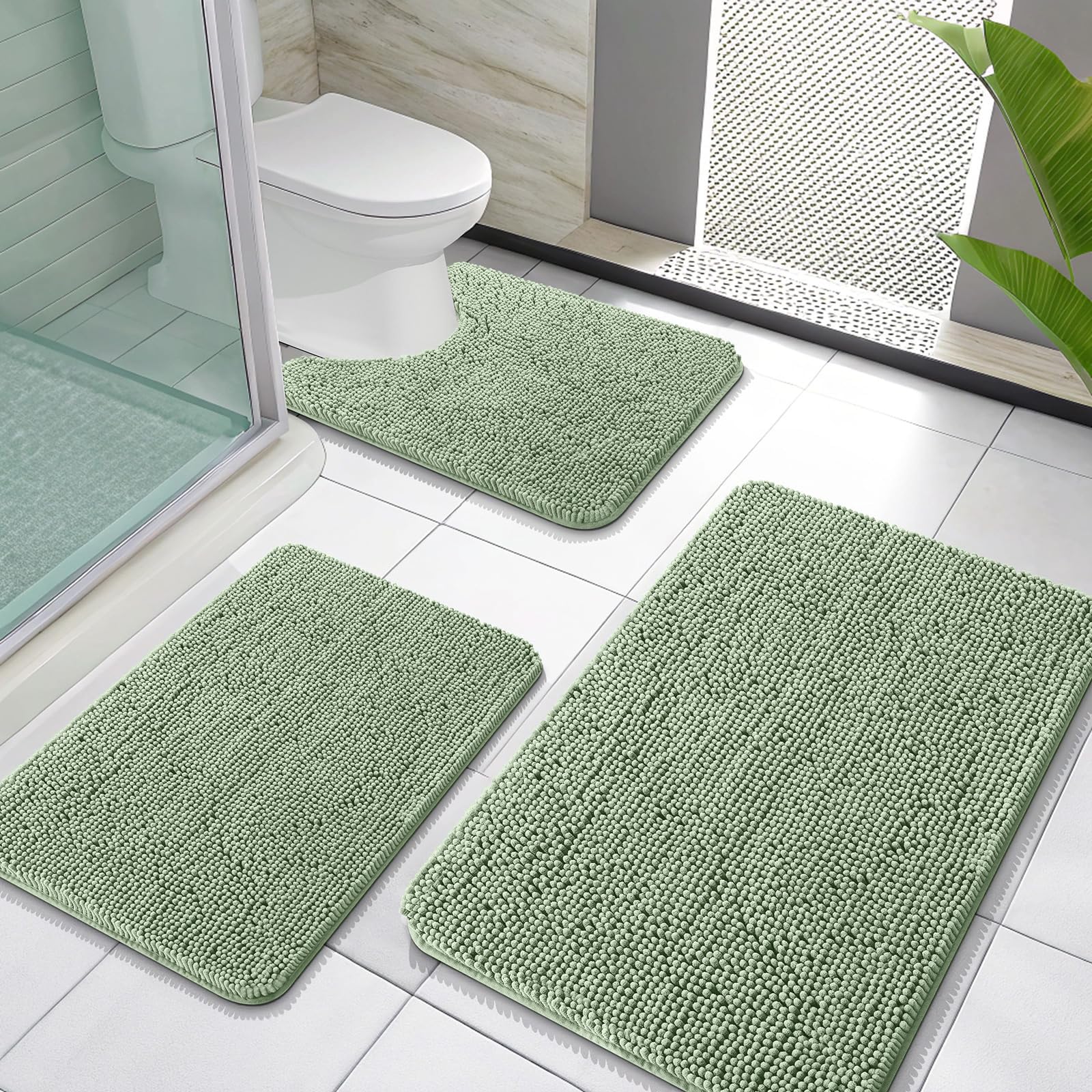 OLANLY Bathroom Rugs Sets 3 Piece, Soft Absorbent Chenille Bath Mats and U-Shaped Contour Toilet Rug, Quick Dry, Home Decor Accessories, Bath Mat Set for Bathroom (30"x20"+24"x16"+24"x20", Grey)