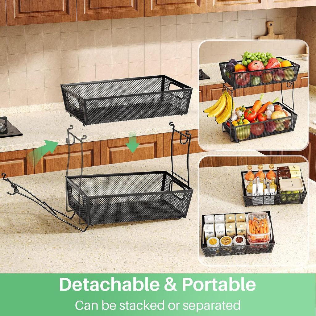 2 Tier Fruit Basket Bowl for Kitchen Counter with 2 Banana Hangers, Countertop Metal Mesh Basket Stand Fruit Holder for Veggies Onion Potato Bread Snack, Black