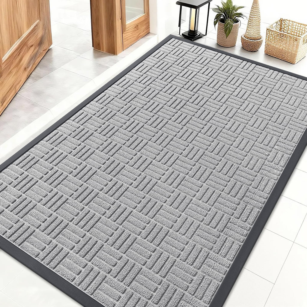 OLANLY Front Door Mat Outside Entrance 29.5x17, Absorbent, Heavy Duty Sturdy Natural Rubber Doormat Indoor Outdoor, Stain and Fade Resistant, Non-Slip Backing Low Profile Floor Mat for Entryway, Grey