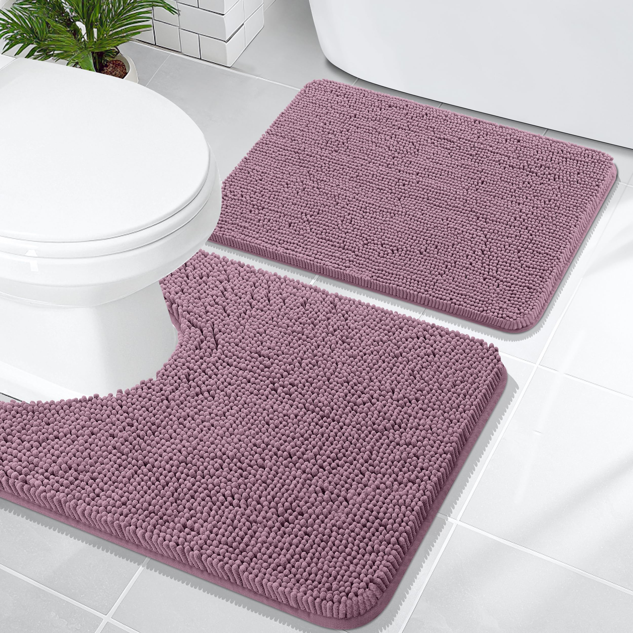OLANLY Bathroom Rugs Sets 2 Piece, Soft Absorbent Chenille Bath Mats and U-Shaped Contour Toilet Mat Area Rug Set, Machine Washable Bath Carpet, Home Decor Accessories(30"x20"+24"x20", Grey)
