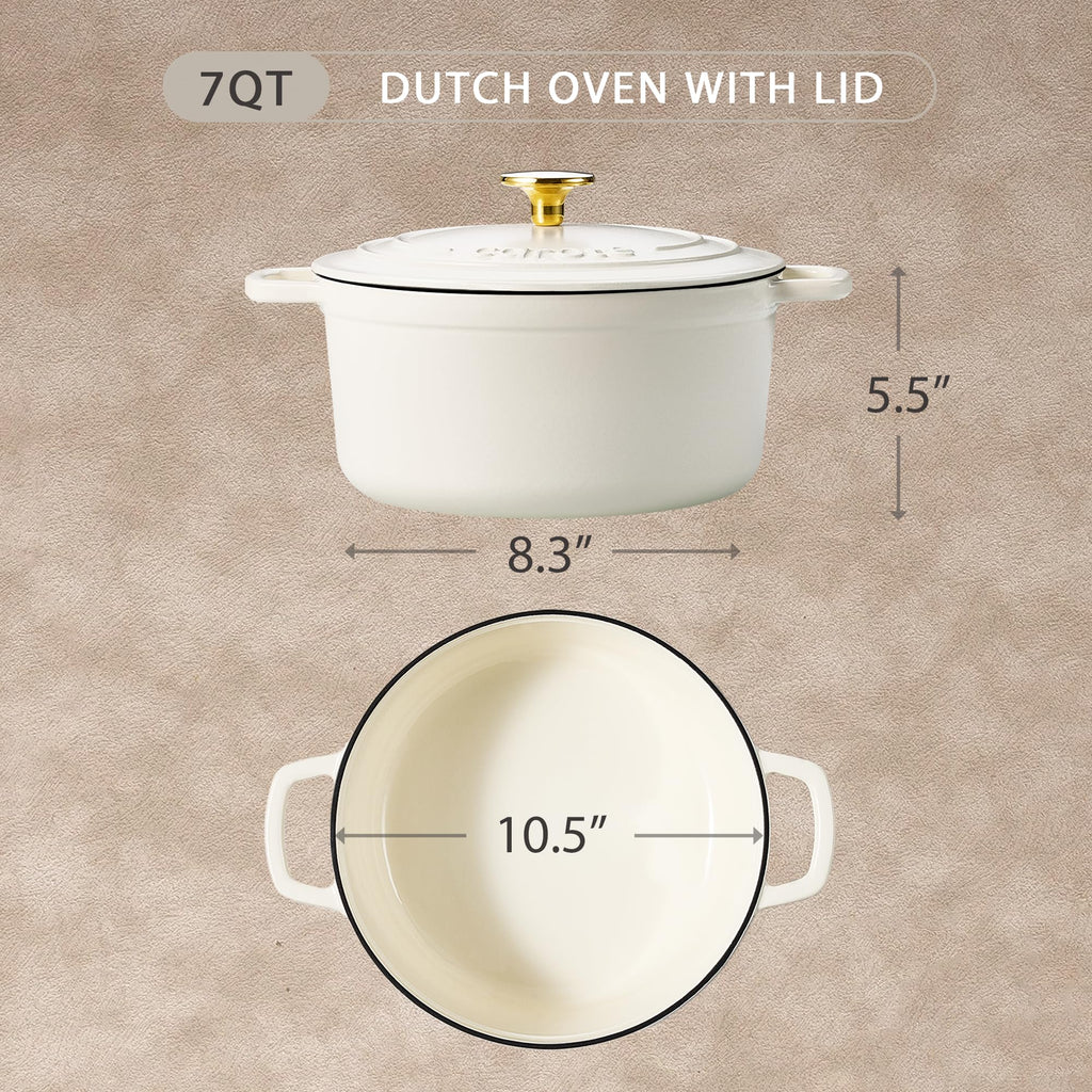 CAROTE 7QT Enameled Cast Iron Dutch Oven Pot with Lid, Heavy-Duty Dutch Ovens for Sourdough Bread Baking, Braising, Stews, Roasting, Healthy & Non-Toxic, Dual Handles, All Stovetop Compatible, Oven Safe up to 500° F, Cream White