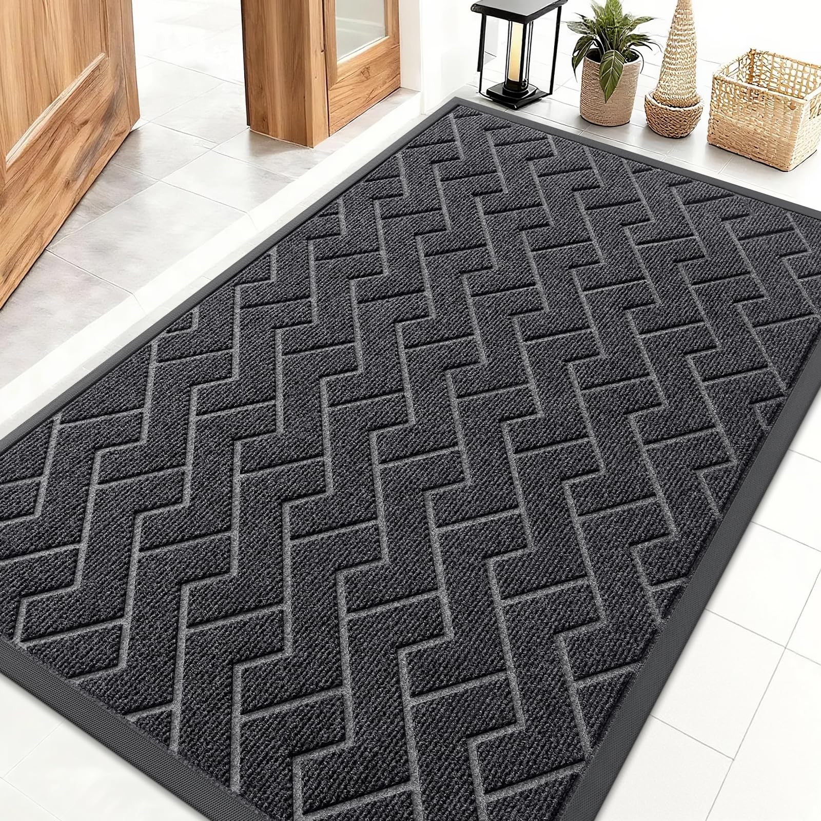 OLANLY Front Door Mat Indoor Outdoor Entrance, Waterproof All-Season, All-Weather Doormat, Sturdy Natural Rubber, Fade Resistant, Low Profile, Easy Clean Patio Porch Entryway Mat, 29.5x17, Black
