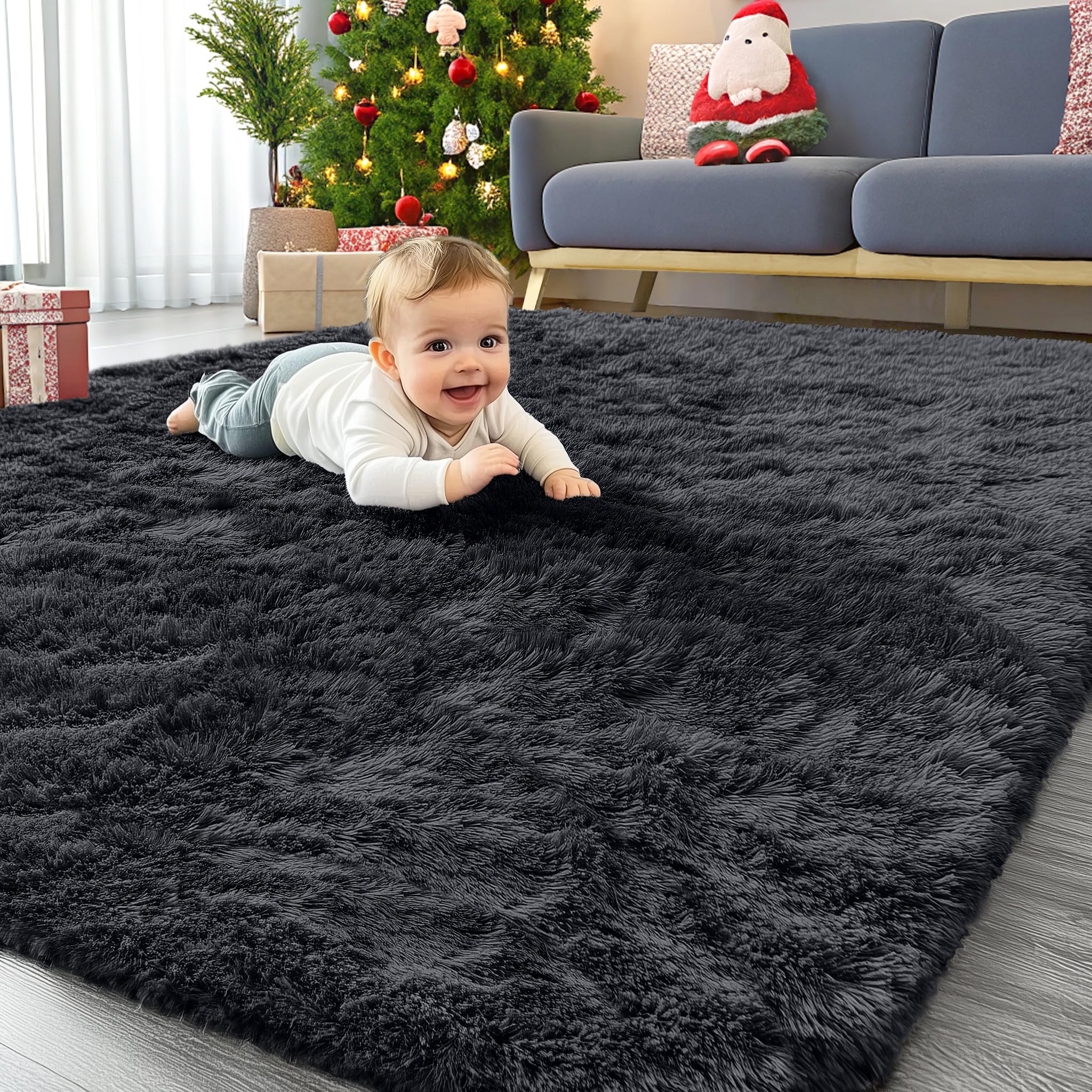 OLANLY Area Rugs for Living Room Bedroom, Machine Washable 4x5.9 ft Soft Fluffy Shaggy Bedside Rug, Indoor Floor Carpet for Kids Girls and Boys, Dorms, Nursery Rooms, Home Decor Aesthetic, Grey