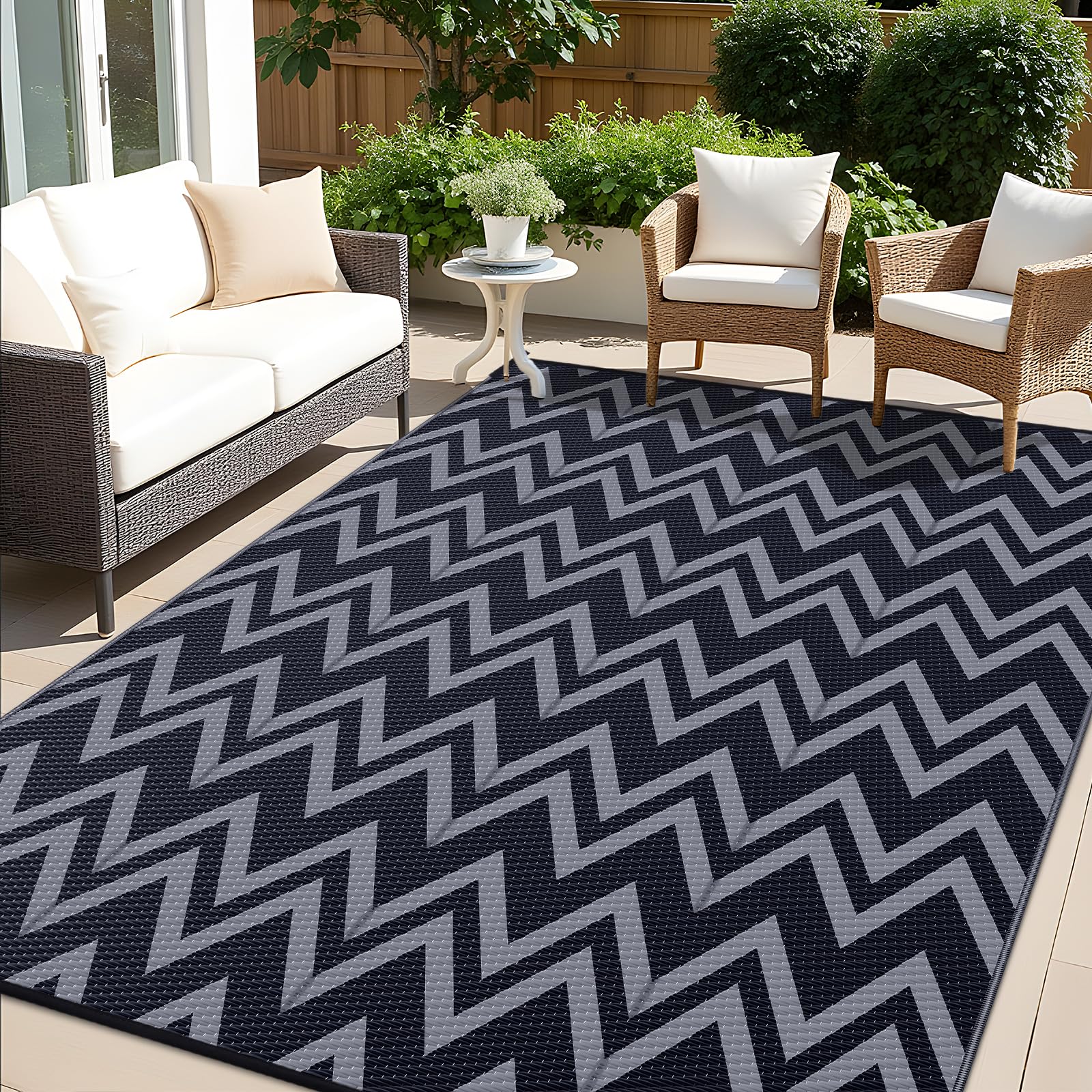 OLANLY Waterproof Outdoor Rug 5x8 ft, Outdoor Plastic Straw Rug for Camping, RV Mat Outside, Indoor Outdoor Carpet for Porch, Deck, Backyard, Balcony, Picnic, Black & White