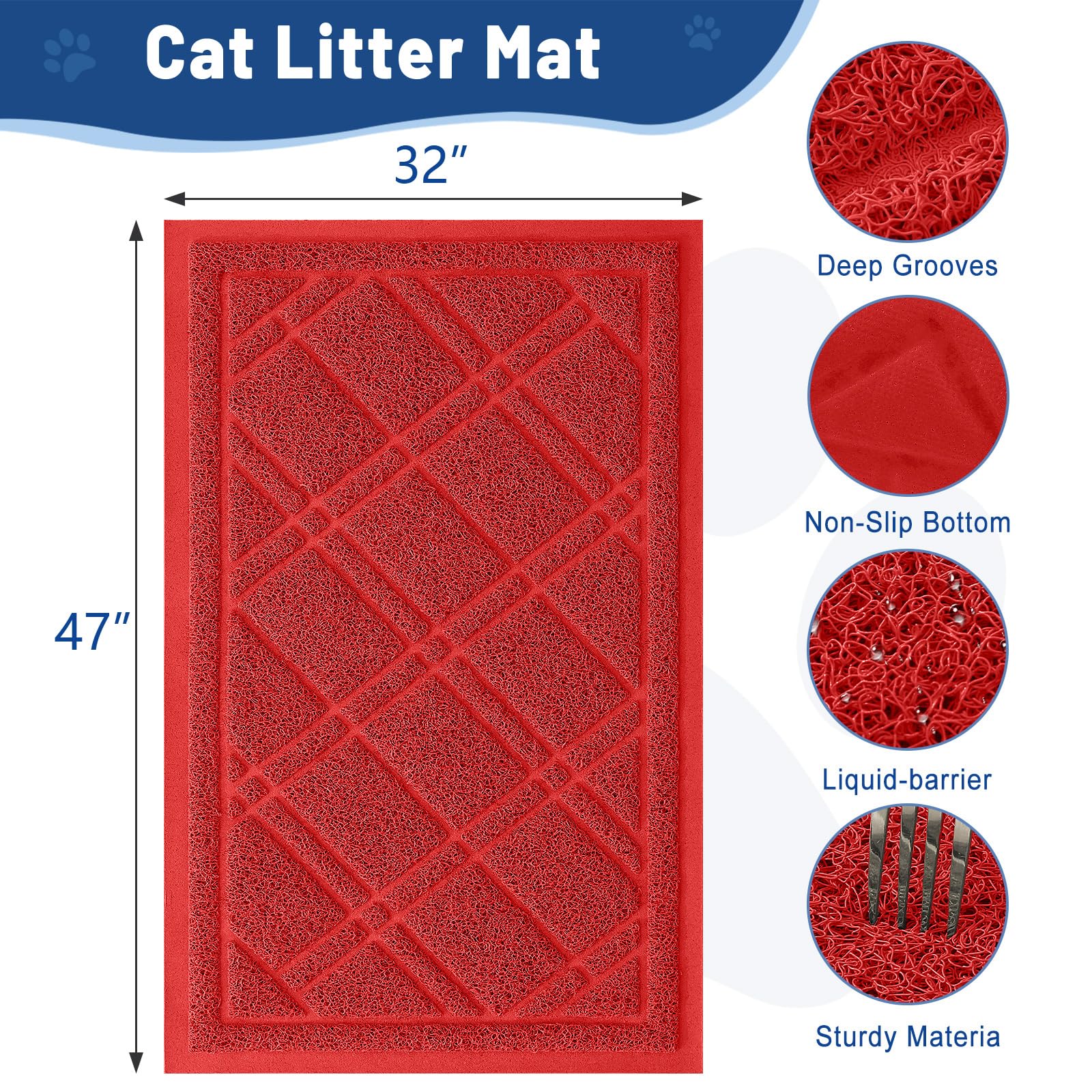 Smiry Cat Litter Box Mat 30x17, Non-Slip Water Resistant Litter Trapping Mat, Easy Clean Less Waste and Urine-Locking Cat Carpet for Indoor, Grey