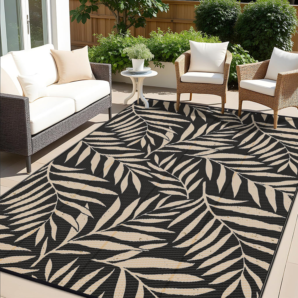 OLANLY Waterproof Outdoor Rug 5x8 ft, Reversible Outdoor Plastic Straw Rug with Leaf Pattern, RV Mat, Indoor Outdoor Carpet for Patio, Camping, Balcony, Deck, Backyard, Grey & White