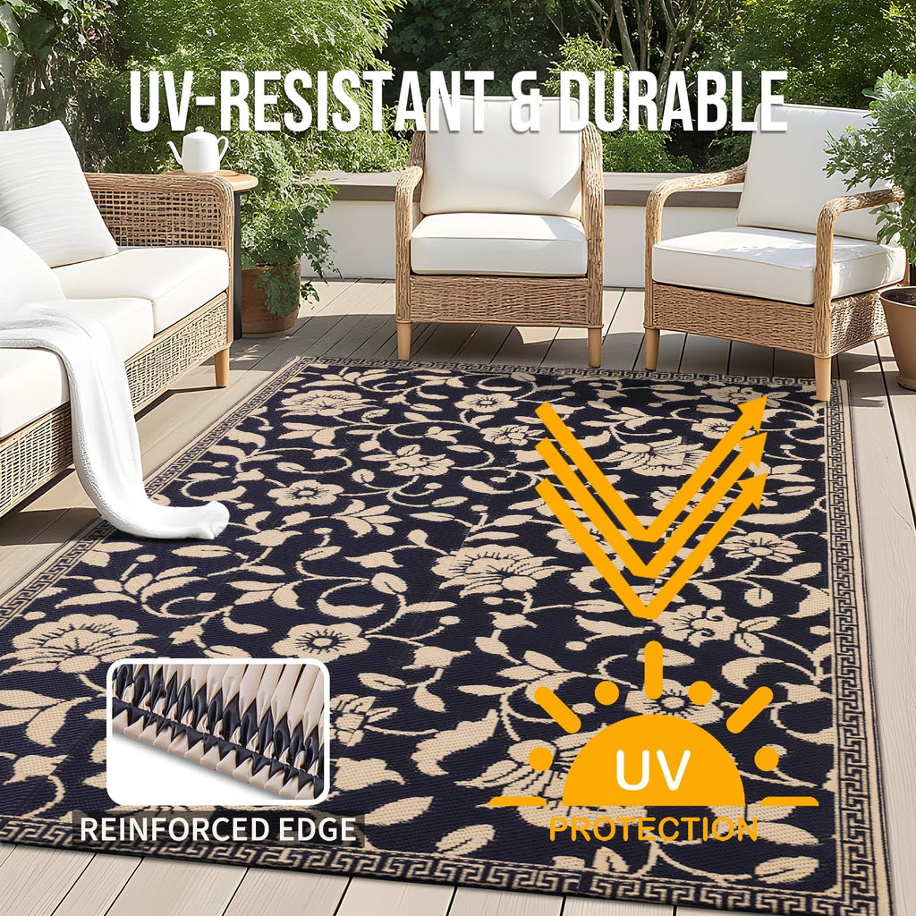 OLANLY Waterproof Outdoor Rug 5x8 ft, Outdoor Plastic Straw Rug with Flower Pattern, Reversible RV Mat for Patio, Camping, Balcony, Deck, Backyard, Navy & White